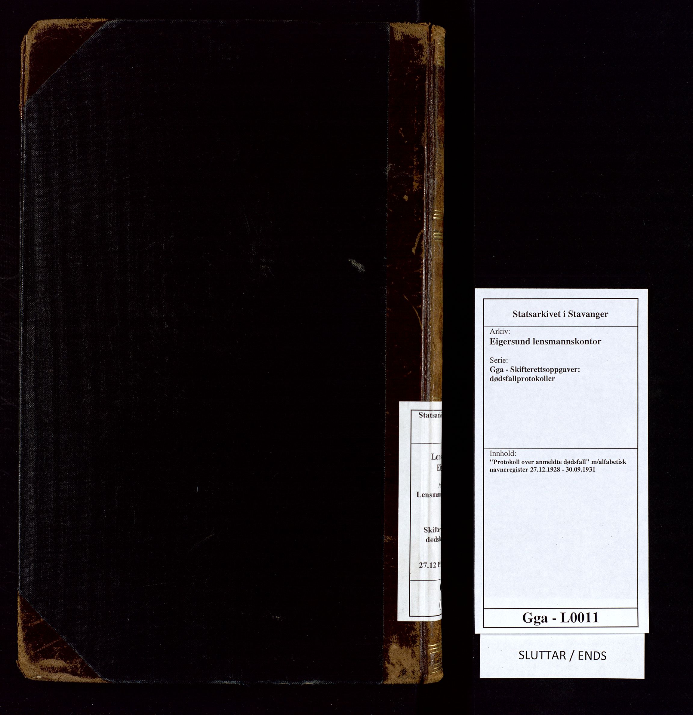 Eigersund lensmannskontor, SAST/A-100171/Gga/L0011: "Protokoll over anmeldte dødsfall" m/alfabetisk navneregister, 1928-1931