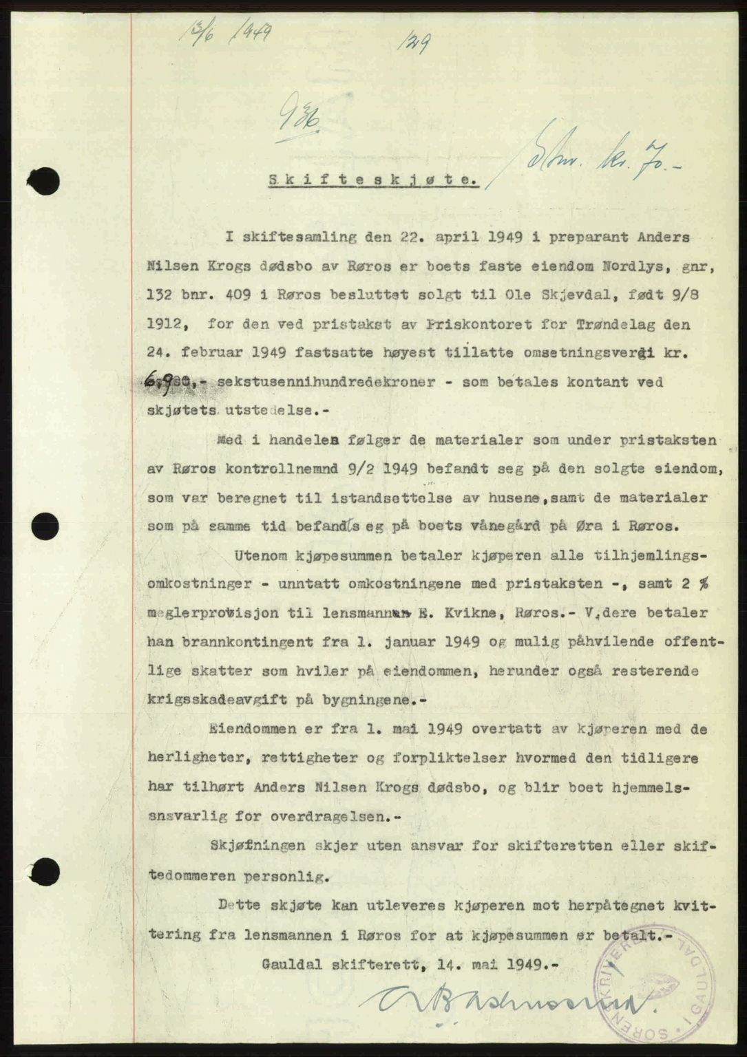 Gauldal sorenskriveri, SAT/A-0014/1/2/2C: Pantebok nr. A8, 1949-1949, Dagboknr: 936/1949