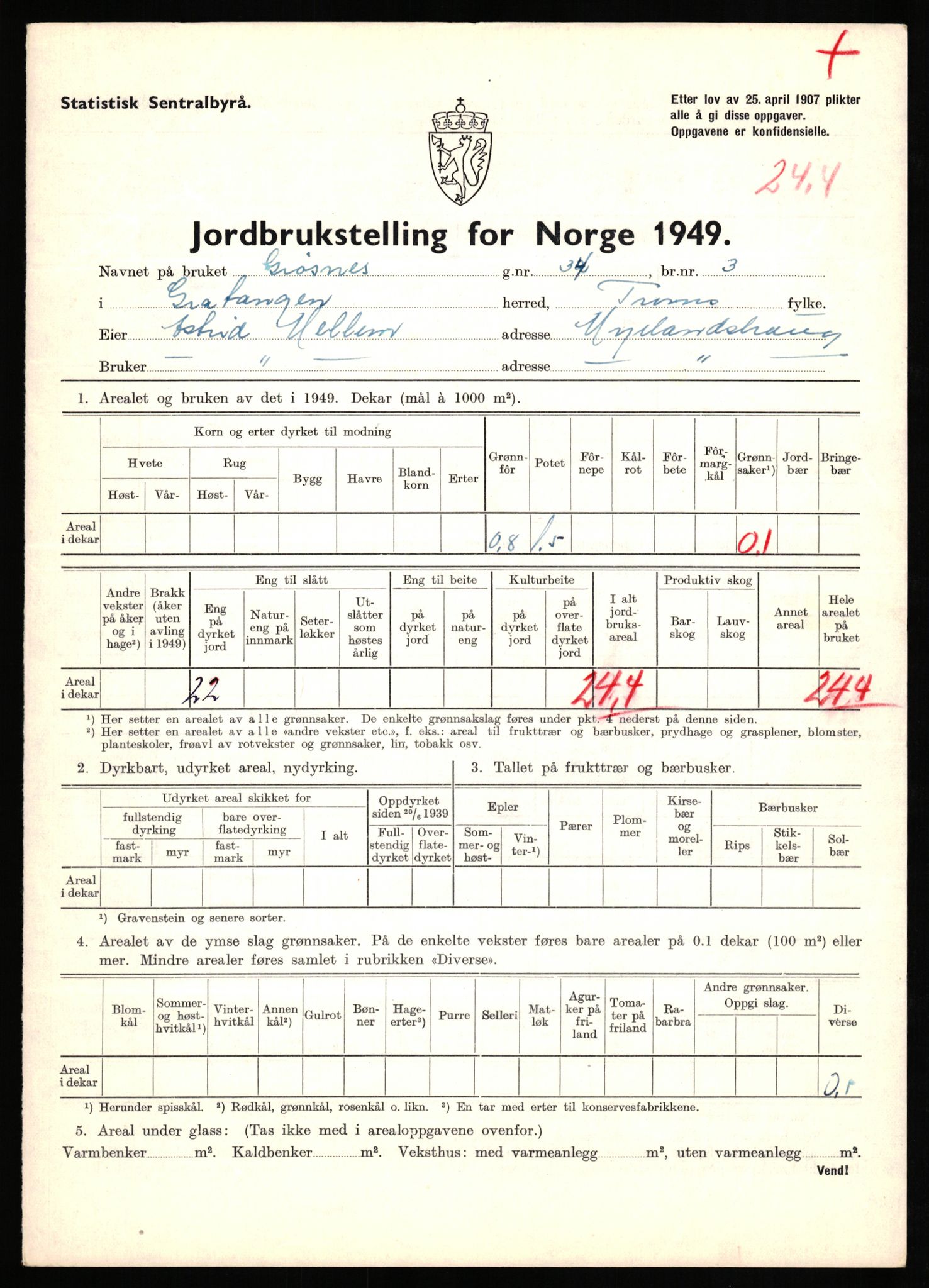 Statistisk sentralbyrå, Næringsøkonomiske emner, Jordbruk, skogbruk, jakt, fiske og fangst, AV/RA-S-2234/G/Gc/L0437: Troms: Gratangen og Lavangen, 1949, s. 890