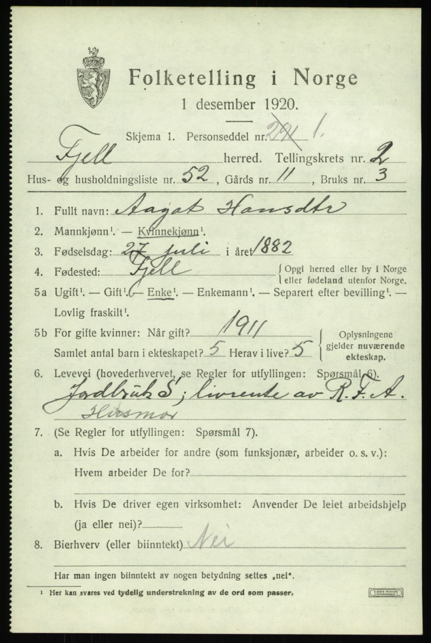 SAB, Folketelling 1920 for 1246 Fjell herred, 1920, s. 2828