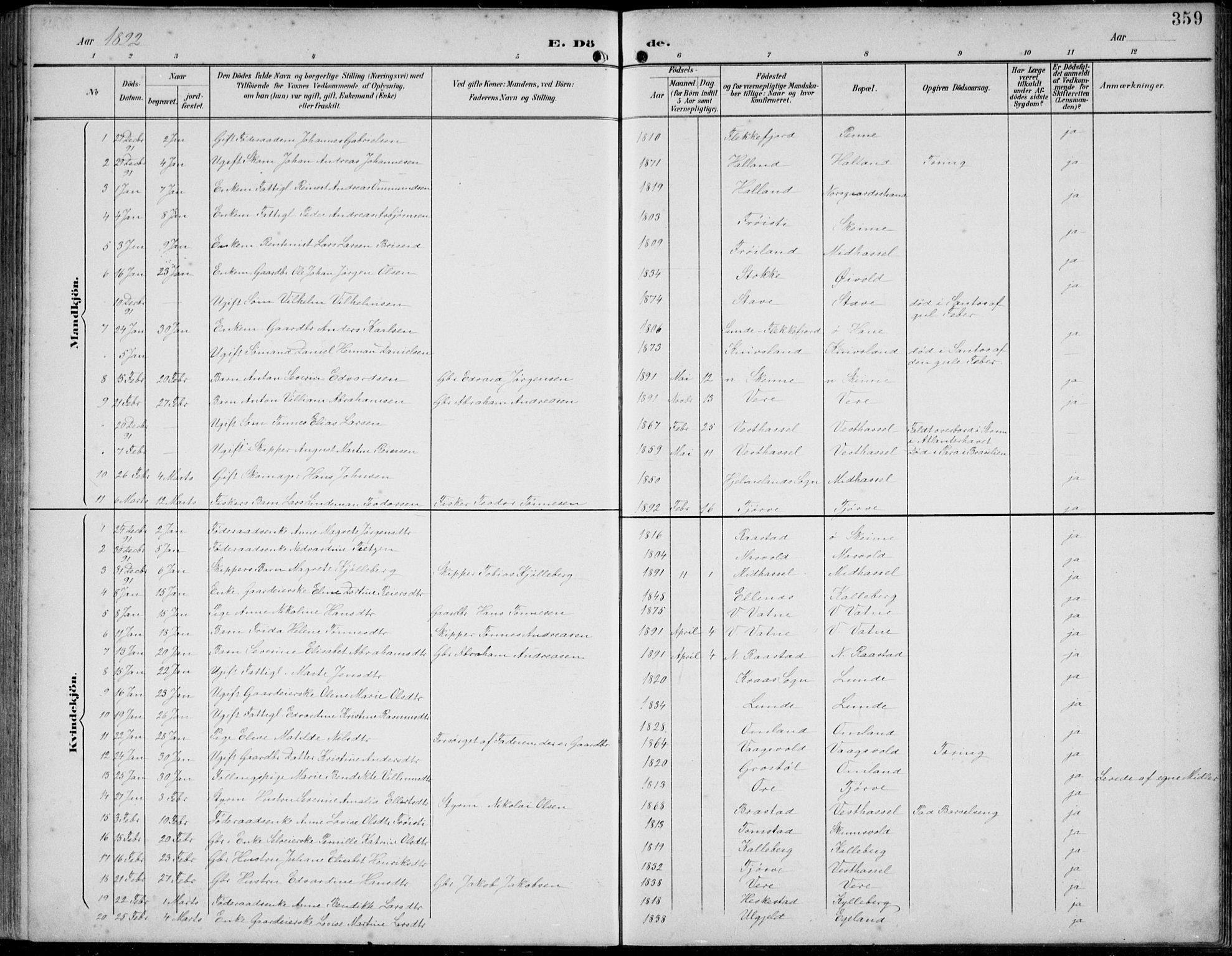 Lista sokneprestkontor, SAK/1111-0027/F/Fb/L0005: Klokkerbok nr. B 5, 1892-1923, s. 359