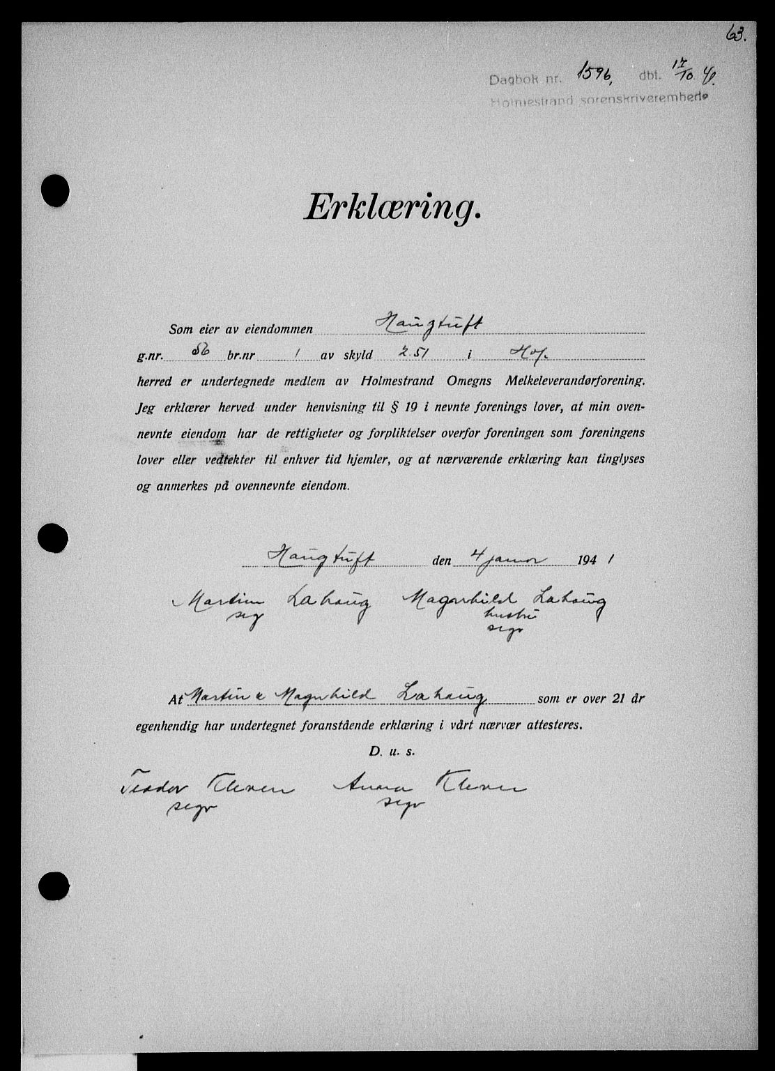 Holmestrand sorenskriveri, SAKO/A-67/G/Ga/Gaa/L0054: Pantebok nr. A-54, 1941-1942, Dagboknr: 1596/1941