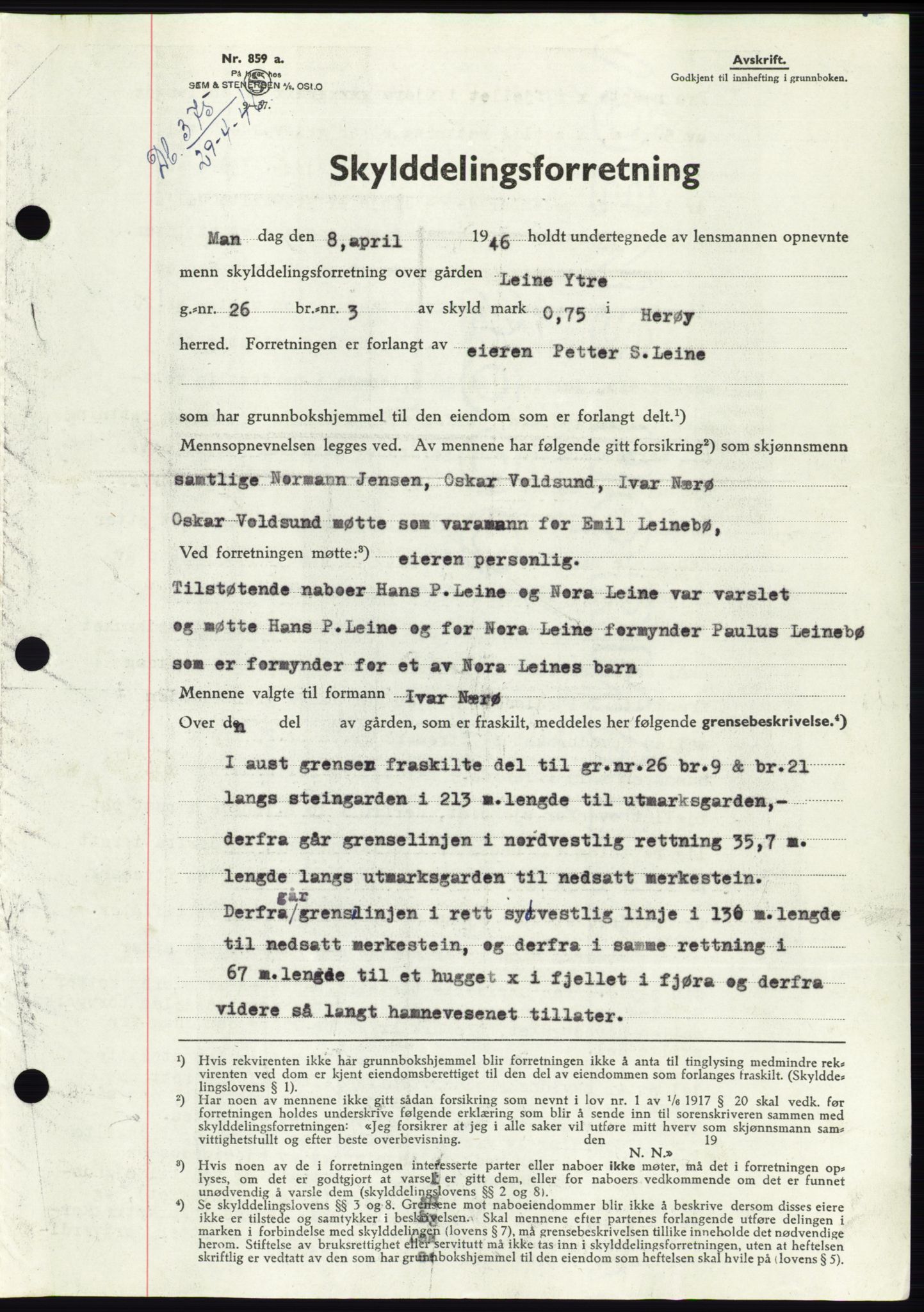 Søre Sunnmøre sorenskriveri, AV/SAT-A-4122/1/2/2C/L0078: Pantebok nr. 4A, 1946-1946, Dagboknr: 375/1946