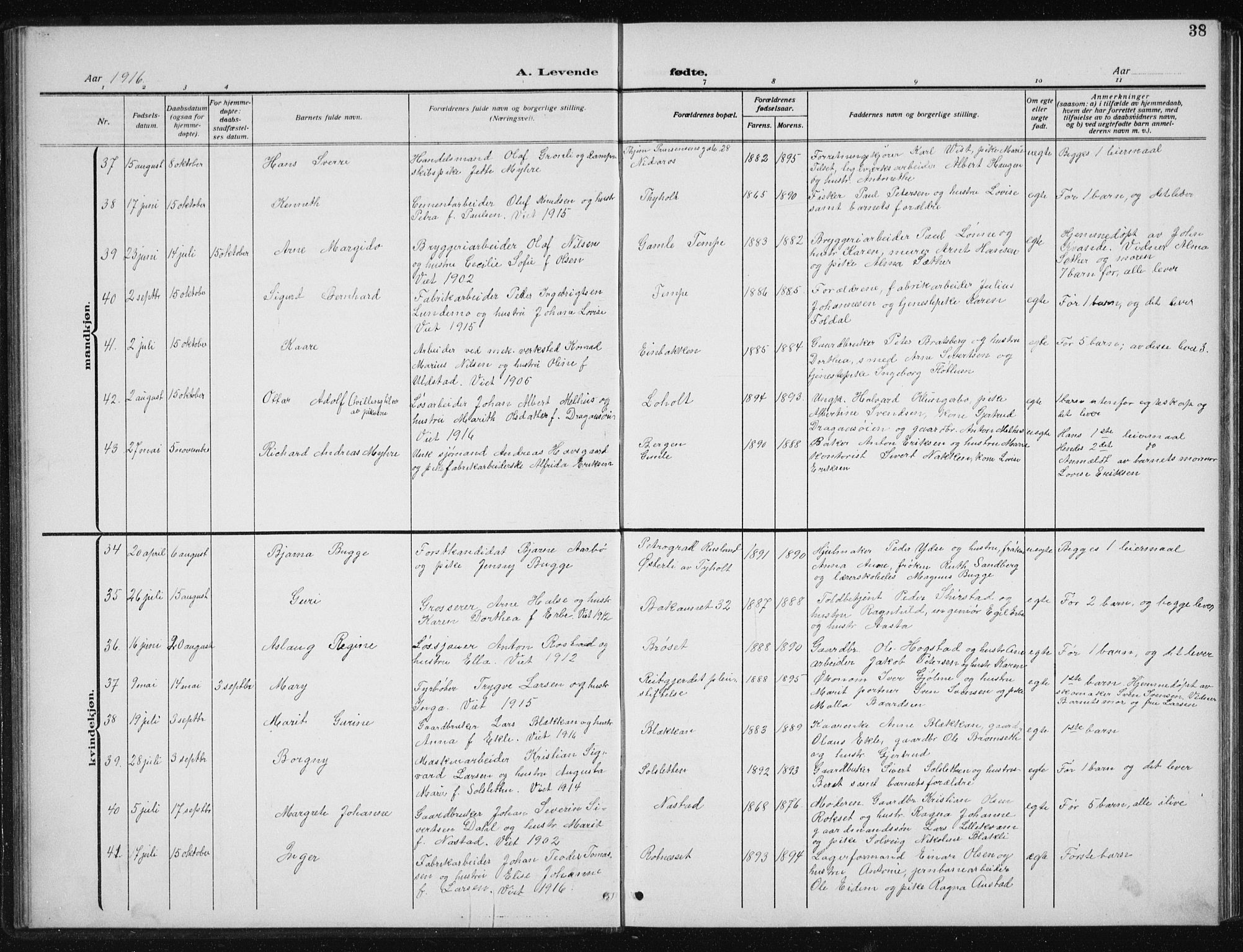 Ministerialprotokoller, klokkerbøker og fødselsregistre - Sør-Trøndelag, AV/SAT-A-1456/606/L0314: Klokkerbok nr. 606C10, 1911-1937, s. 38