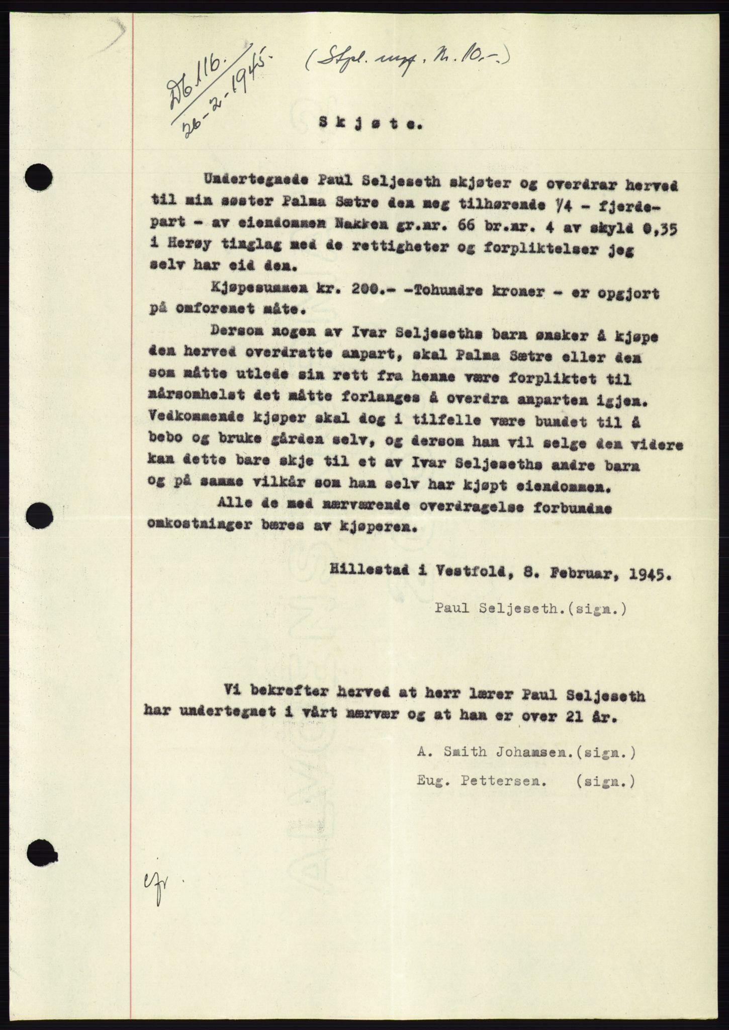 Søre Sunnmøre sorenskriveri, SAT/A-4122/1/2/2C/L0077: Pantebok nr. 3A, 1945-1946, Dagboknr: 116/1945