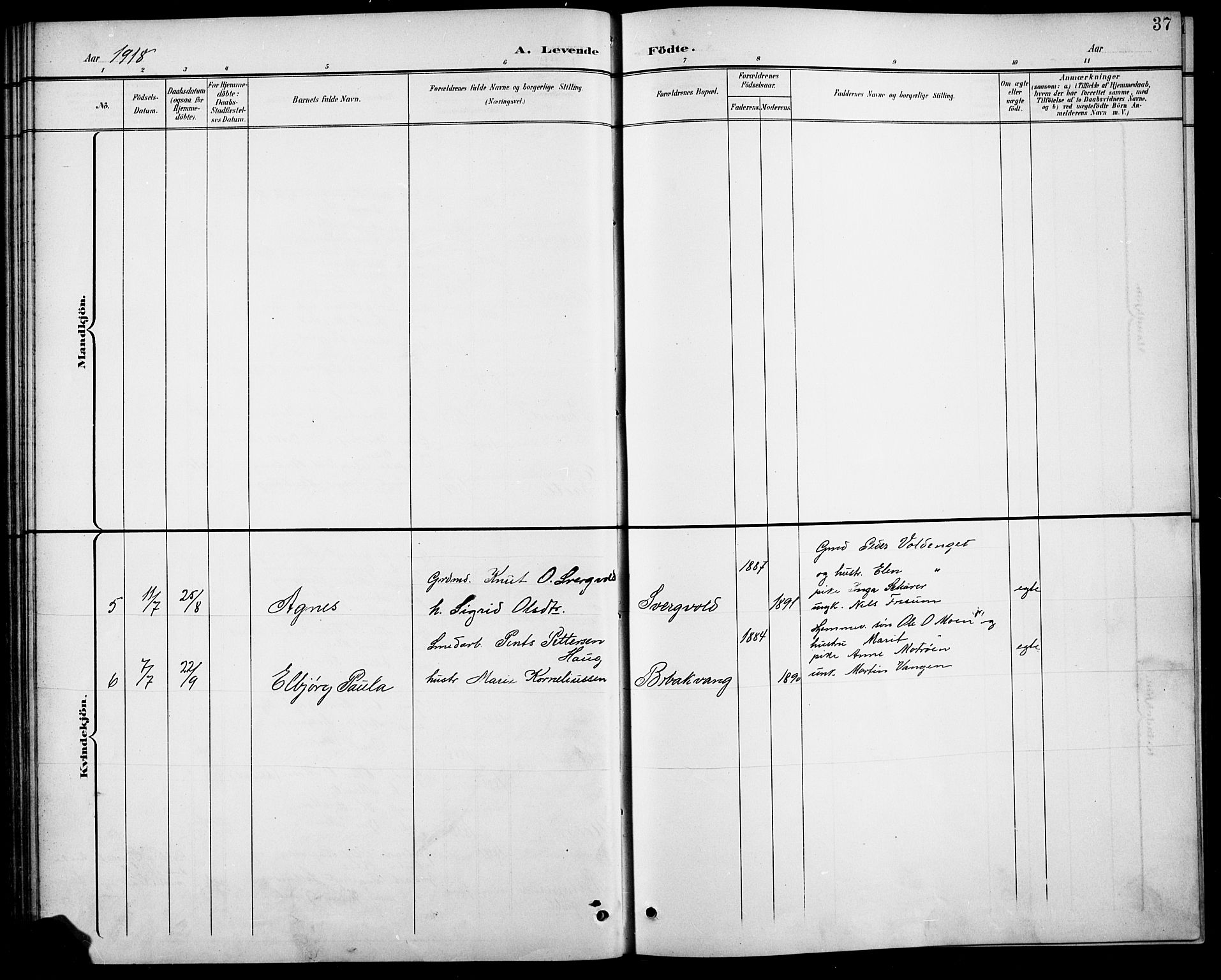 Kvikne prestekontor, SAH/PREST-064/H/Ha/Hab/L0003: Klokkerbok nr. 3, 1896-1918, s. 37