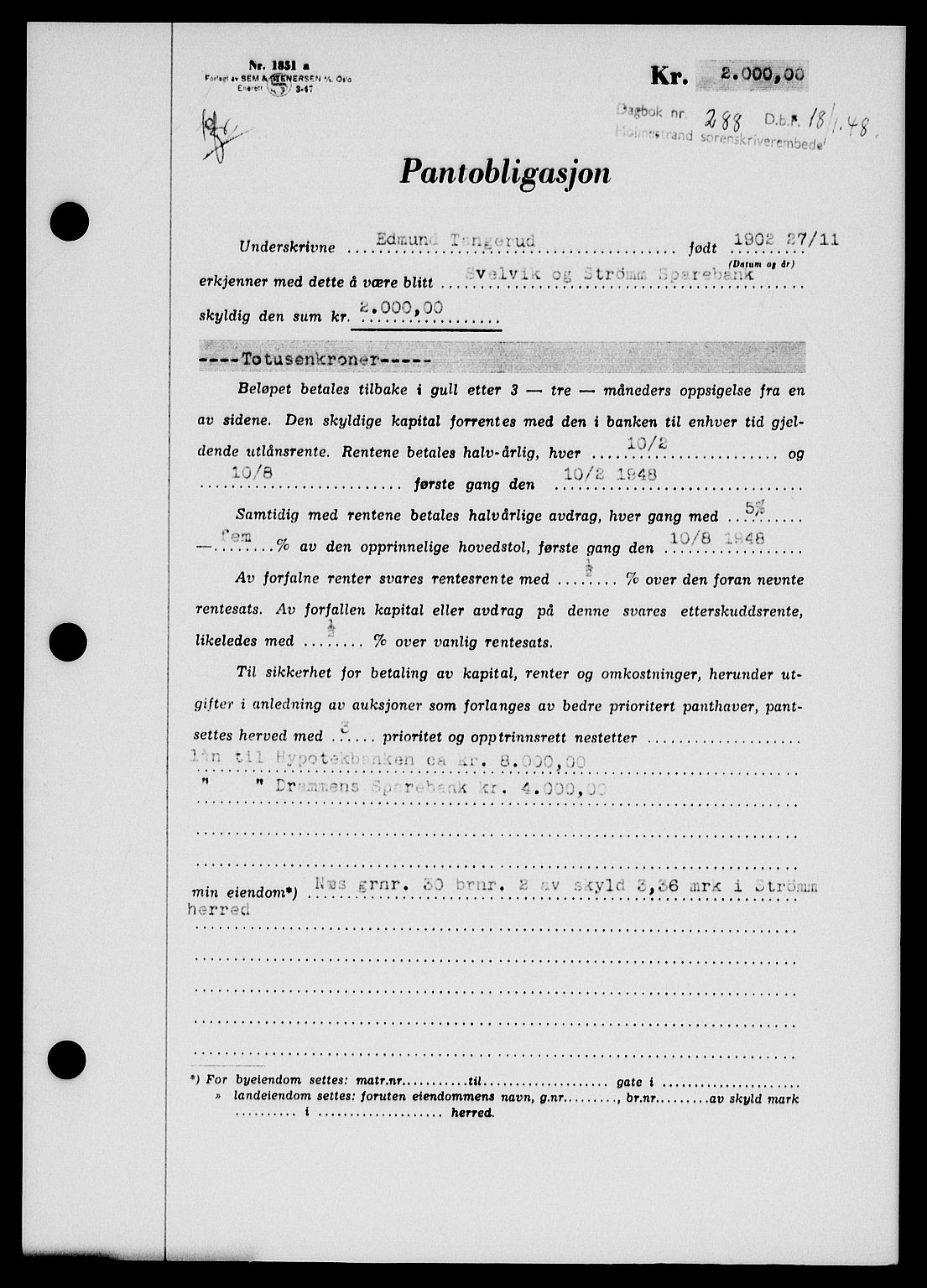 Holmestrand sorenskriveri, SAKO/A-67/G/Ga/Gab/L0058: Pantebok nr. B-58, 1947-1948, Dagboknr: 288/1948