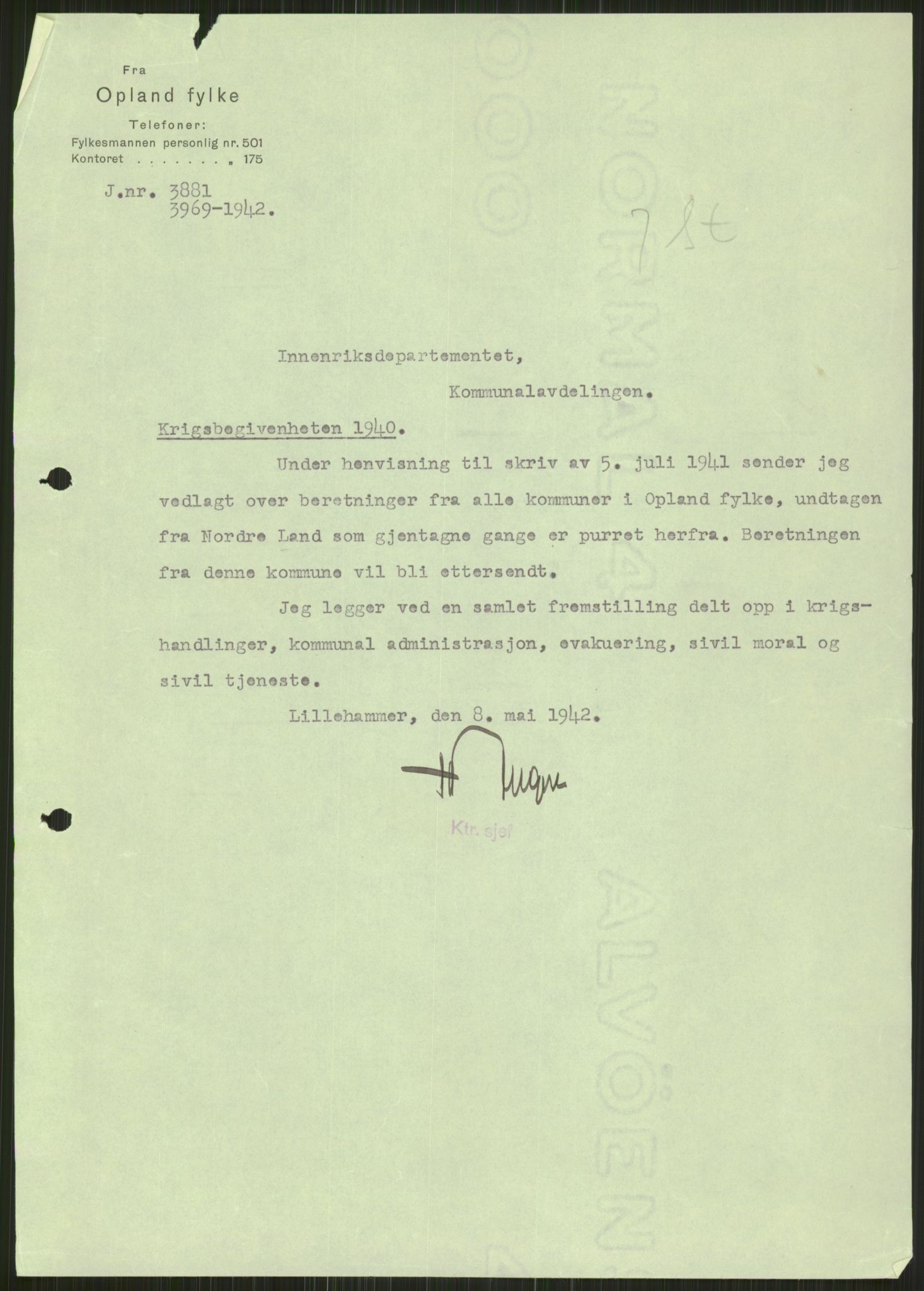 Forsvaret, Forsvarets krigshistoriske avdeling, RA/RAFA-2017/Y/Ya/L0014: II-C-11-31 - Fylkesmenn.  Rapporter om krigsbegivenhetene 1940., 1940, s. 3