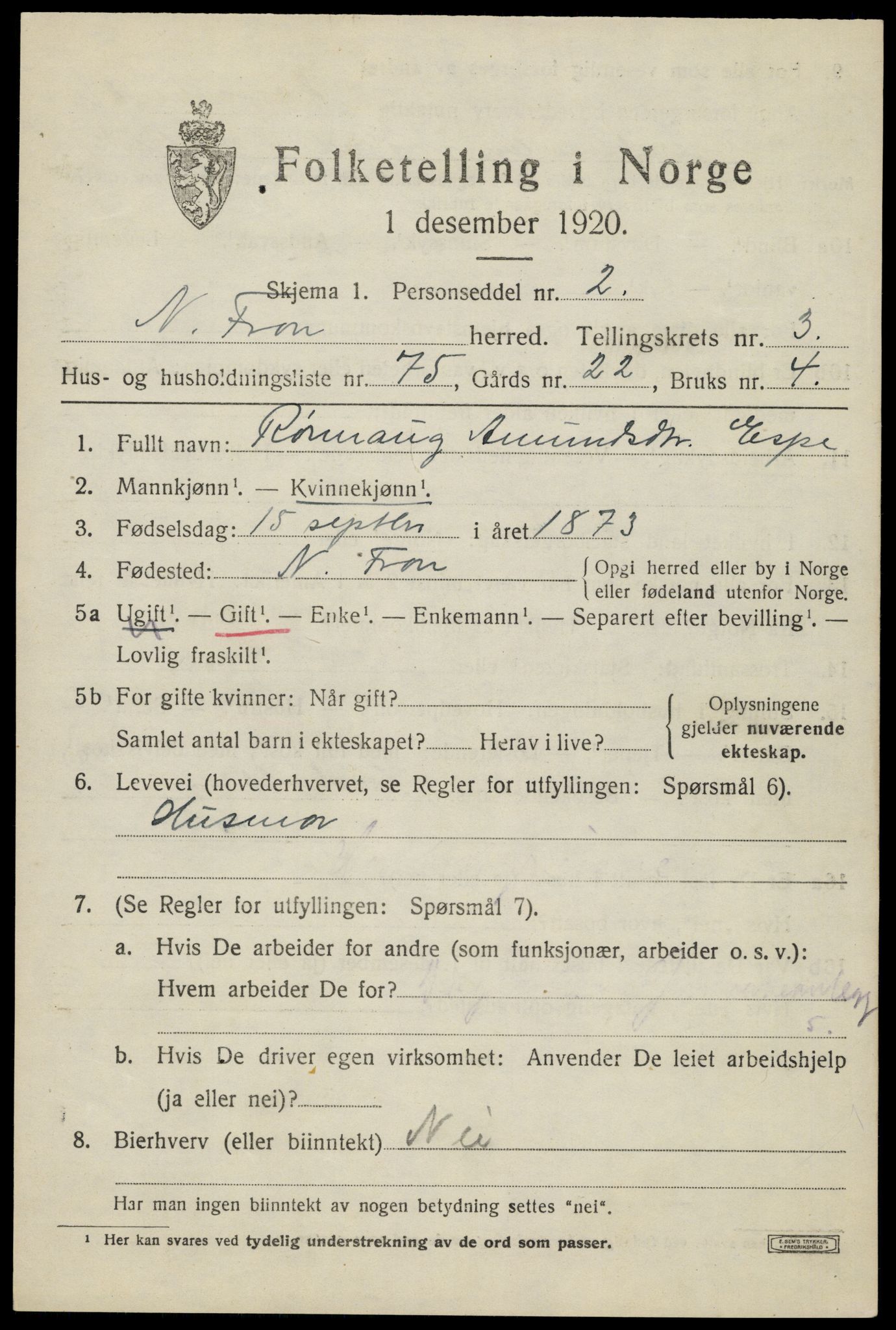 SAH, Folketelling 1920 for 0518 Nord-Fron herred, 1920, s. 4010