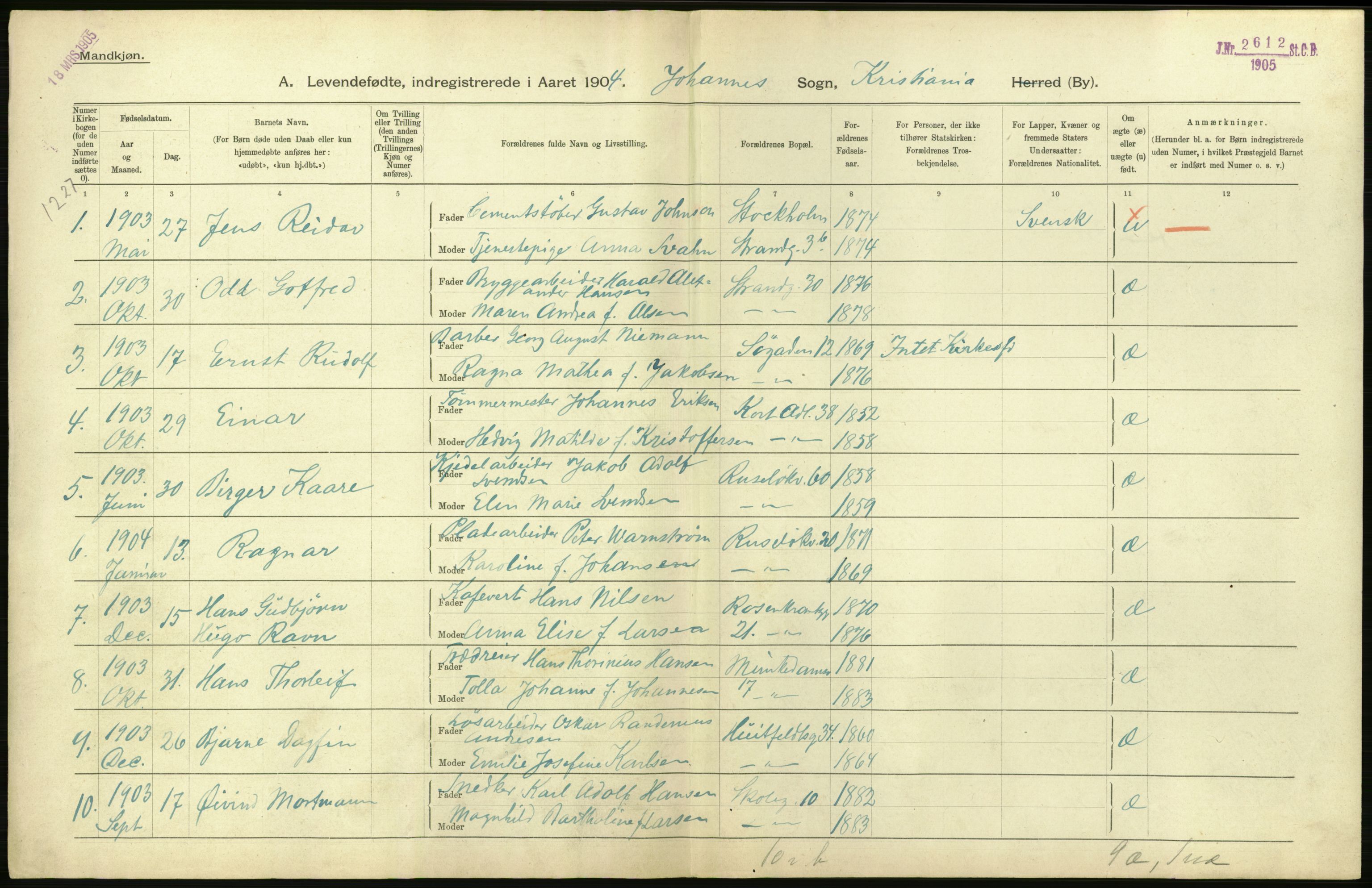 Statistisk sentralbyrå, Sosiodemografiske emner, Befolkning, AV/RA-S-2228/D/Df/Dfa/Dfab/L0003: Kristiania: Fødte, 1904, s. 252