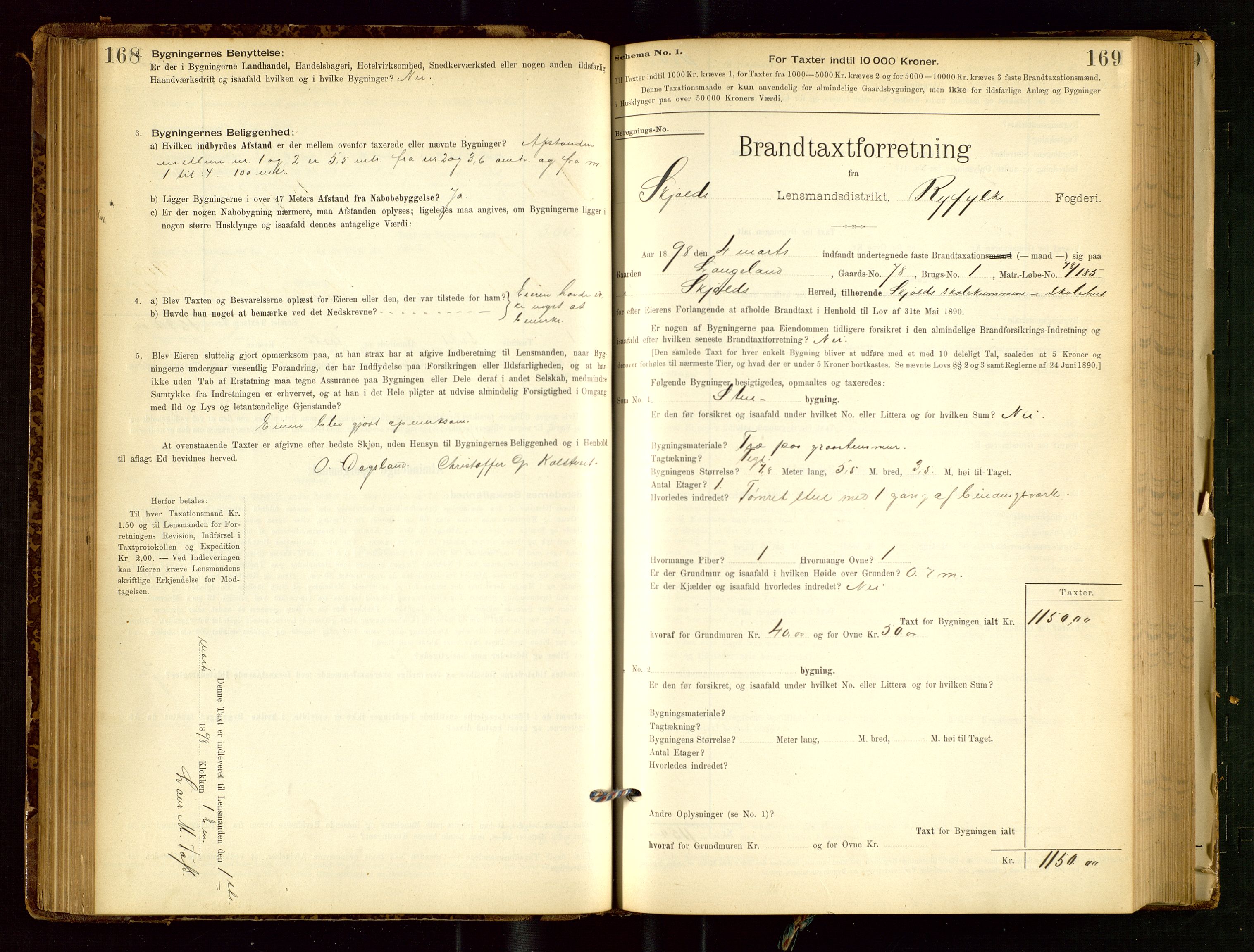 Skjold lensmannskontor, AV/SAST-A-100182/Gob/L0001: "Brandtaxationsprotokol for Skjold Lensmandsdistrikt Ryfylke Fogderi", 1894-1939, s. 168-169