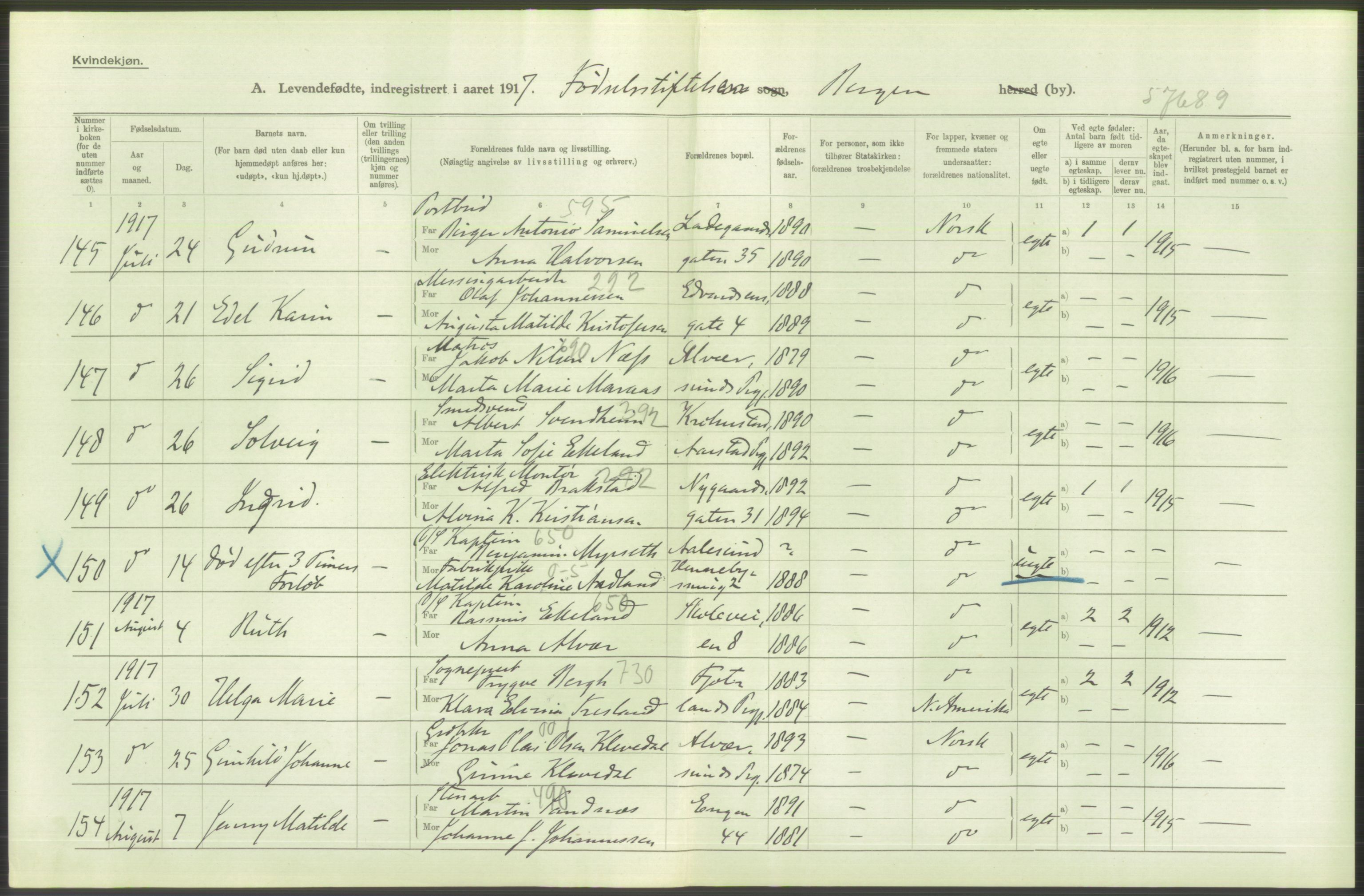 Statistisk sentralbyrå, Sosiodemografiske emner, Befolkning, AV/RA-S-2228/D/Df/Dfb/Dfbg/L0037: Bergen: Levendefødte menn og kvinner., 1917, s. 98