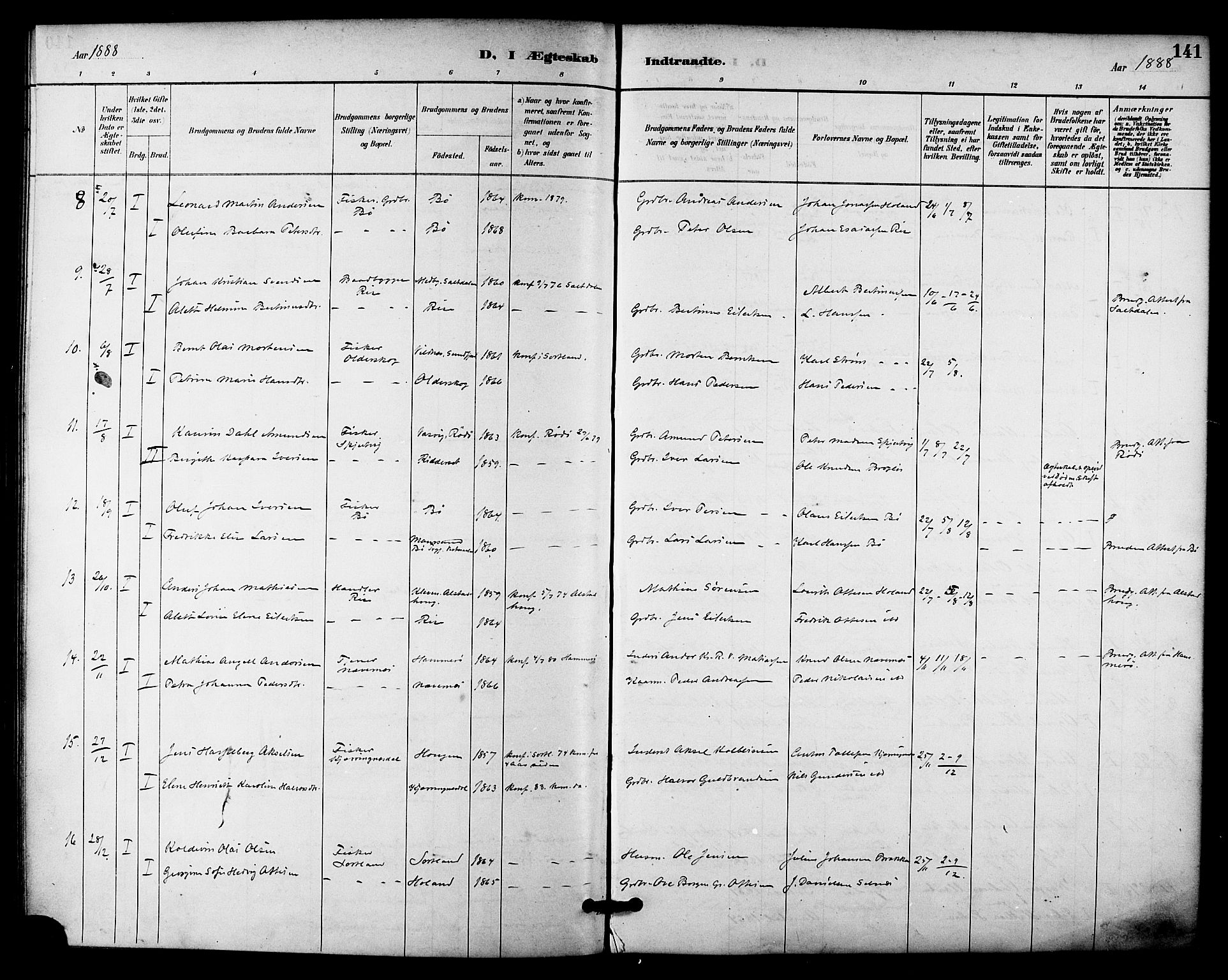 Ministerialprotokoller, klokkerbøker og fødselsregistre - Nordland, SAT/A-1459/895/L1371: Ministerialbok nr. 895A06, 1885-1894, s. 141