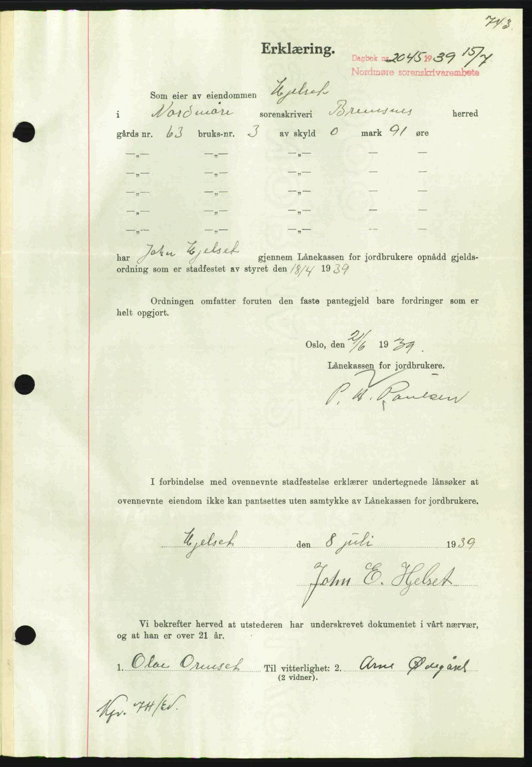 Nordmøre sorenskriveri, SAT/A-4132/1/2/2Ca: Pantebok nr. B85, 1939-1939, Dagboknr: 2045/1939