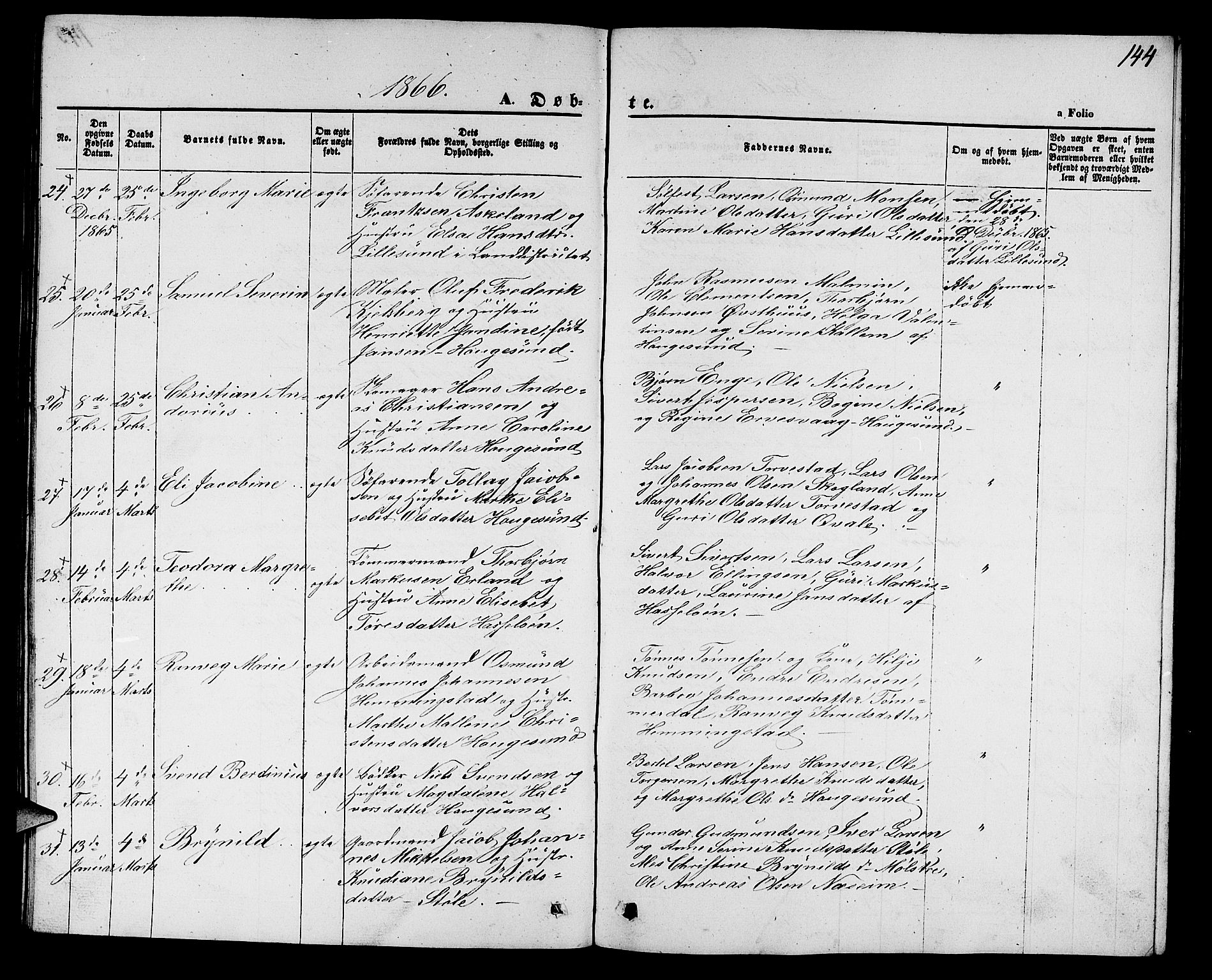 Torvastad sokneprestkontor, AV/SAST-A -101857/H/Ha/Hab/L0006: Klokkerbok nr. B 6, 1858-1867, s. 144