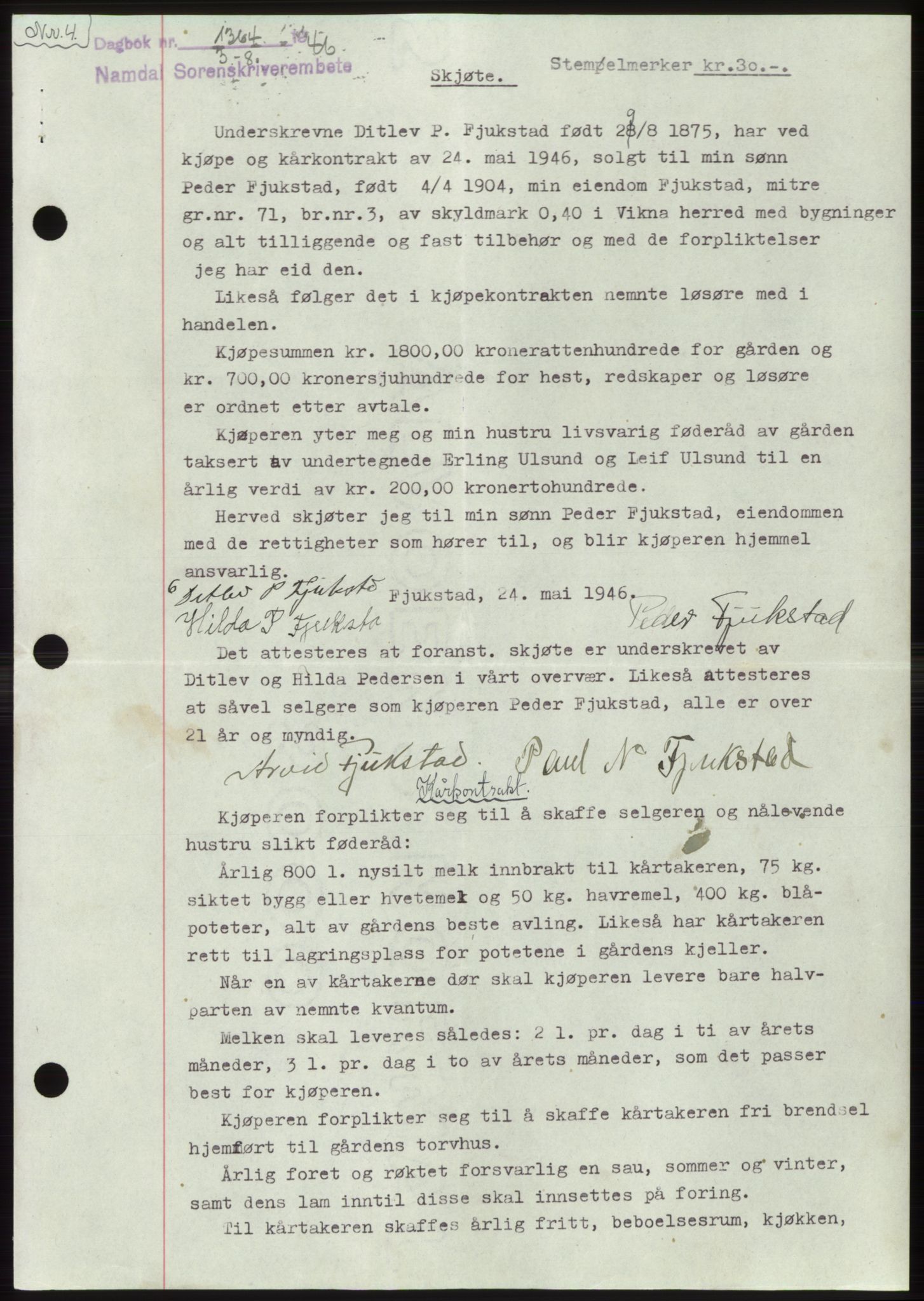 Namdal sorenskriveri, SAT/A-4133/1/2/2C: Pantebok nr. -, 1946-1946, Dagboknr: 1364/1946