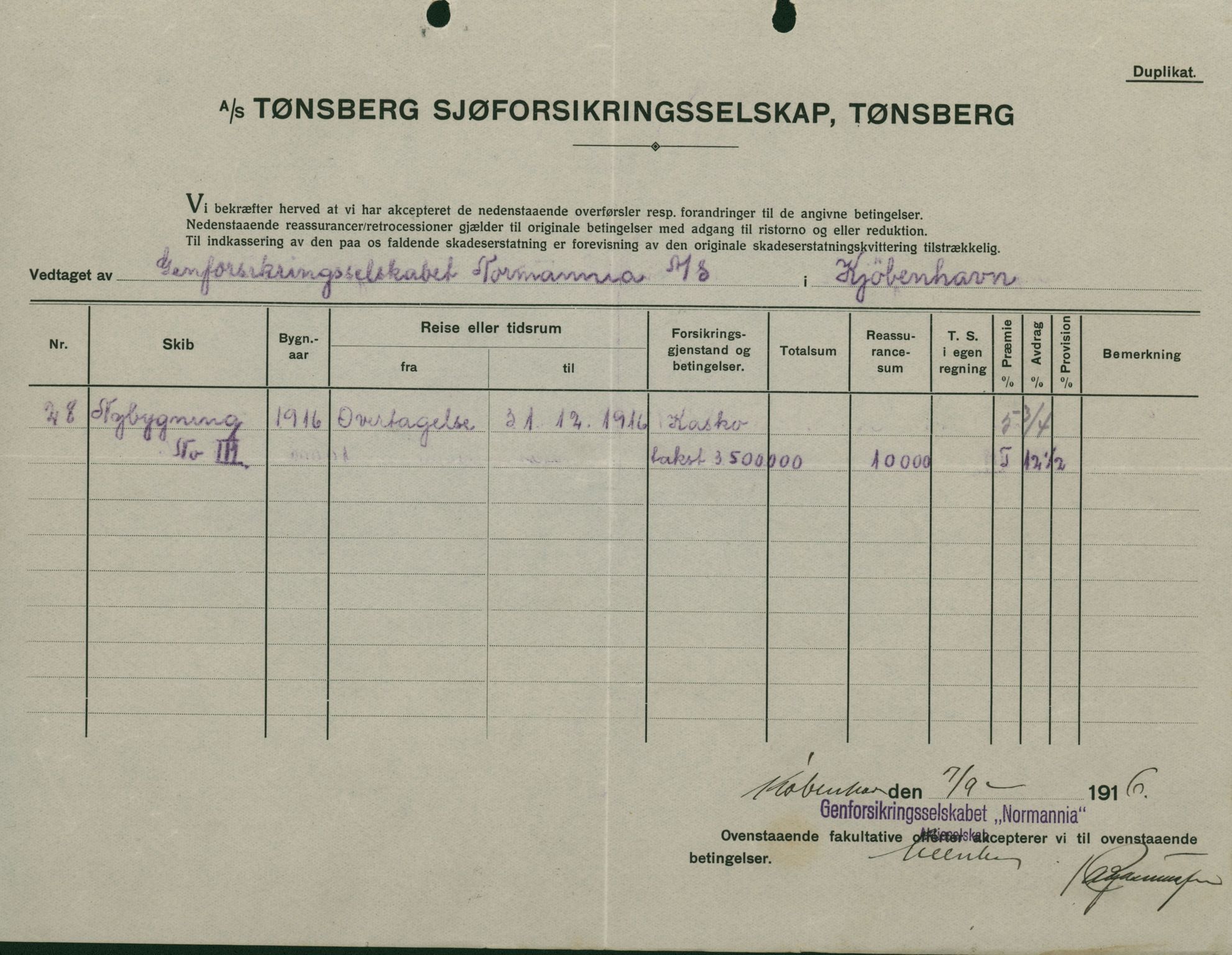 Pa 664 - Tønsberg Sjøforsikringsselskap, VEMU/A-1773/F/L0001: Forsikringspoliser, 1915-1918