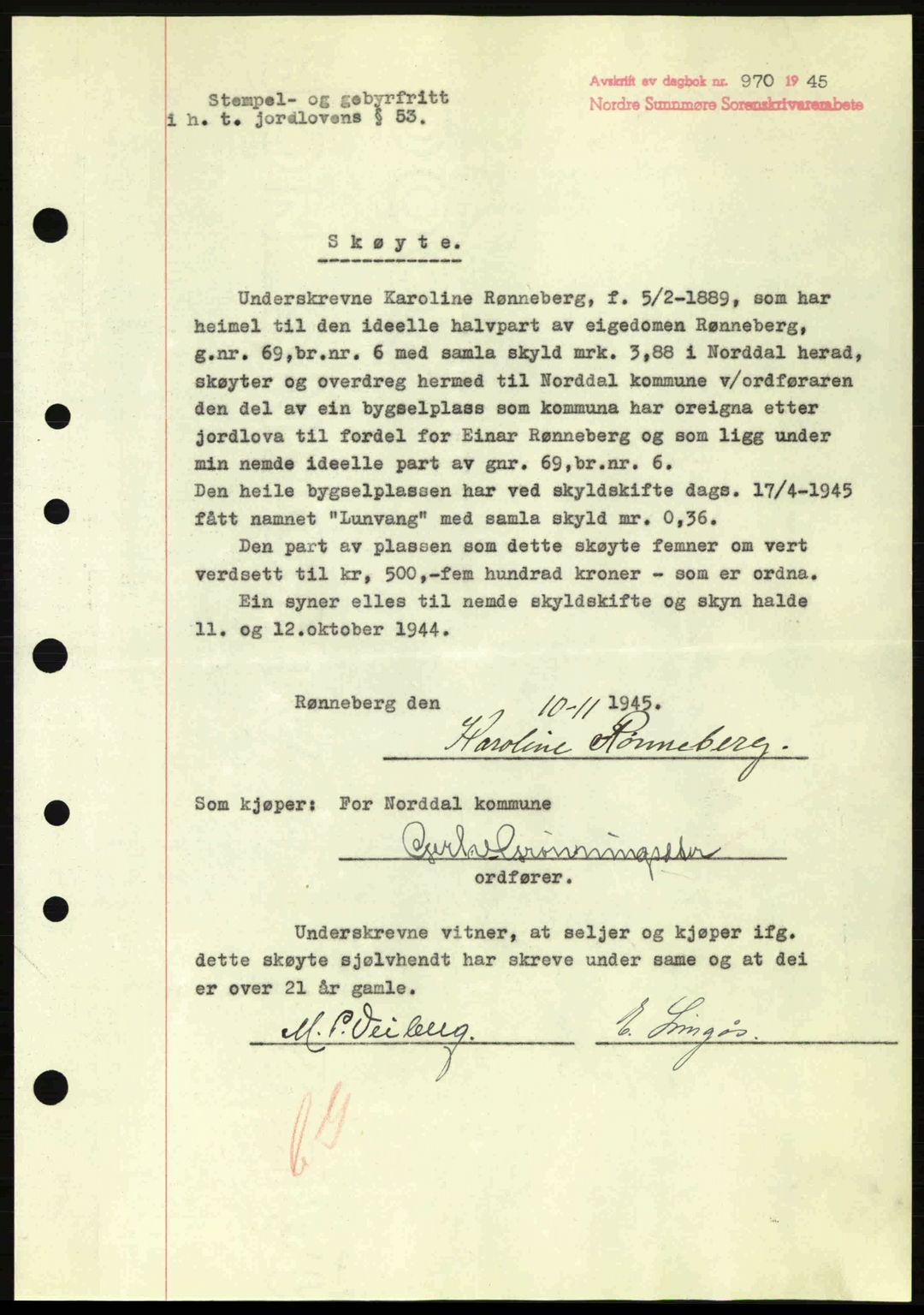 Nordre Sunnmøre sorenskriveri, SAT/A-0006/1/2/2C/2Ca: Pantebok nr. A20a, 1945-1945, Dagboknr: 970/1945