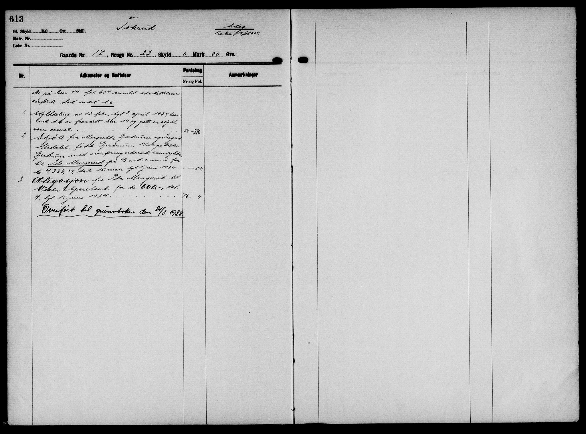 Solør tingrett, AV/SAH-TING-008/H/Ha/Hak/L0001: Panteregister nr. I, 1900-1935, s. 613