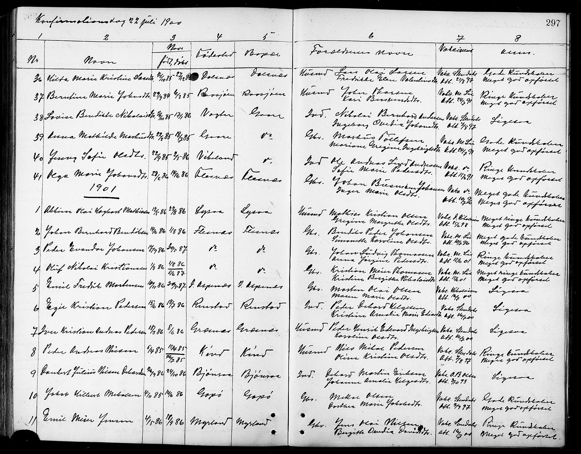 Kvæfjord sokneprestkontor, AV/SATØ-S-1323/G/Ga/Gab/L0005klokker: Klokkerbok nr. 5, 1886-1911, s. 297