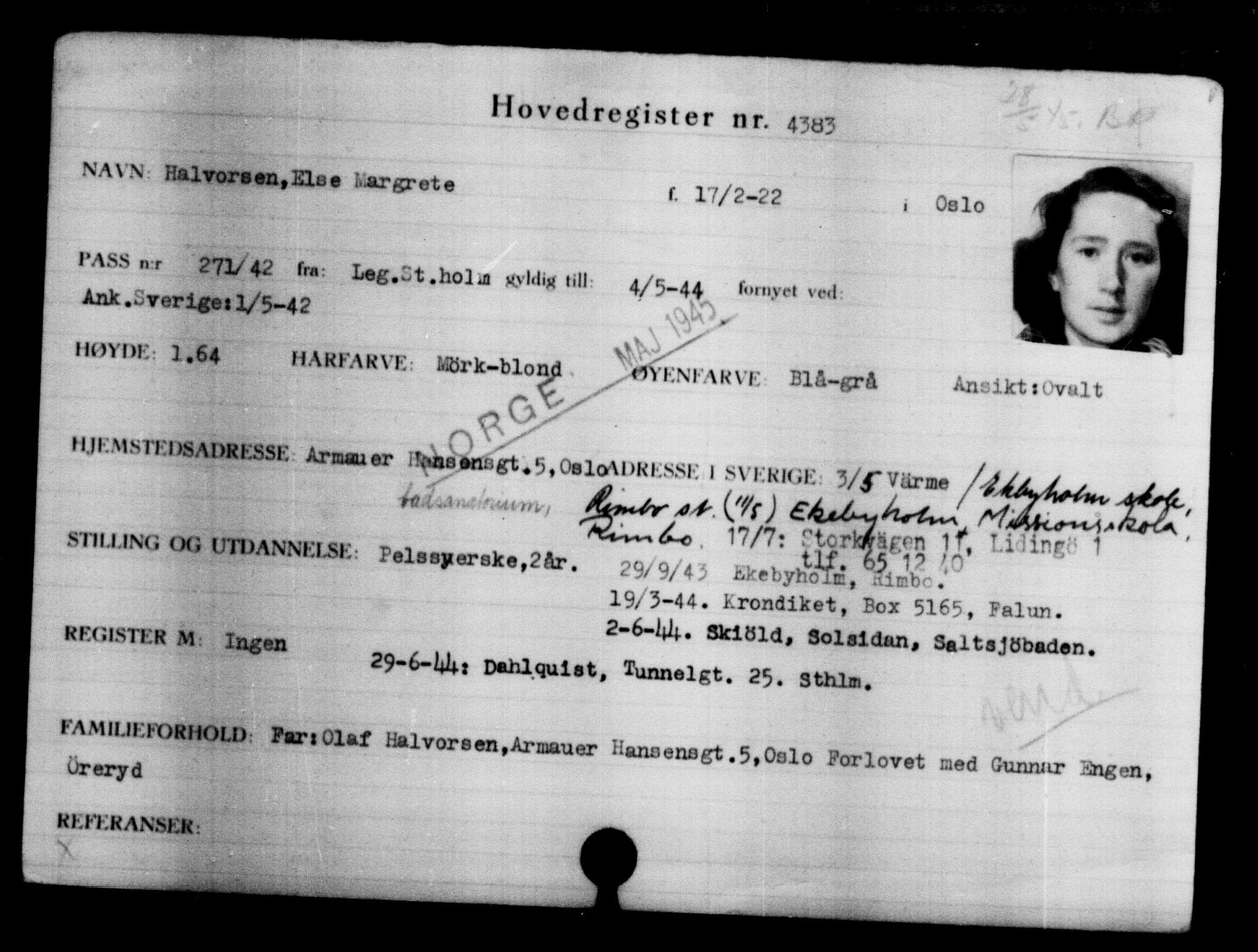 Utenriksstasjonene, Legasjonen i Stockholm, Flyktningkontoret, AV/RA-S-6753/V/Va/L0004: Kjesäterkartoteket, flyktninger med registreringsnr. 3496-6610, 1940-1945, s. 1074
