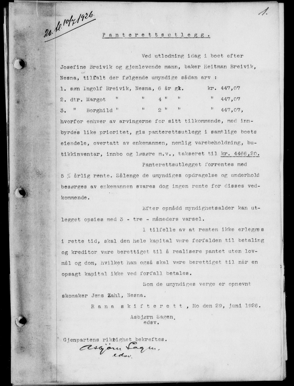 Rana sorenskriveri , SAT/A-1108/1/2/2C/L0019: Pantebok nr. 19, 1926-1927, s. 1, Tingl.dato: 10.07.1926