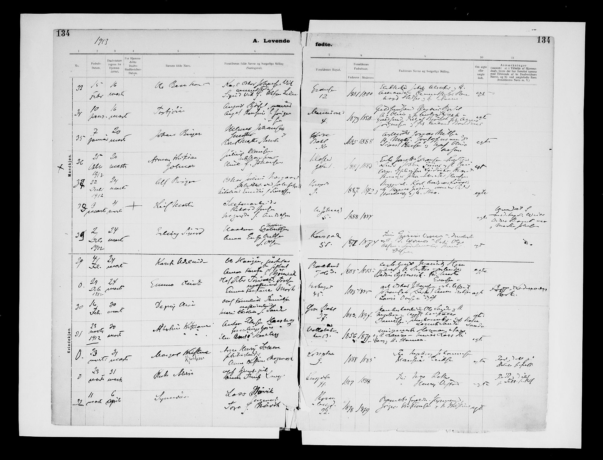 Ministerialprotokoller, klokkerbøker og fødselsregistre - Sør-Trøndelag, SAT/A-1456/604/L0203: Ministerialbok nr. 604A23, 1908-1916, s. 134