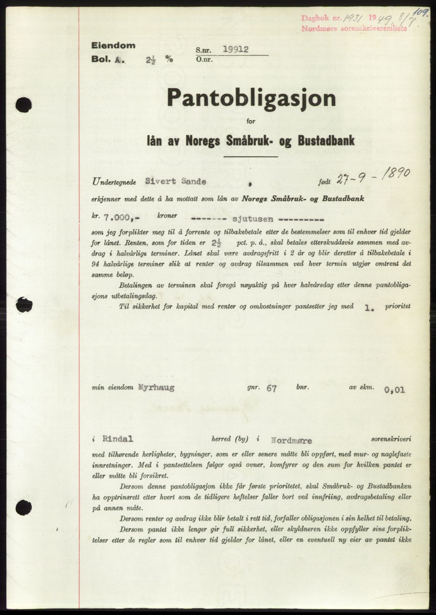 Nordmøre sorenskriveri, SAT/A-4132/1/2/2Ca: Pantebok nr. B102, 1949-1949, Dagboknr: 1931/1949