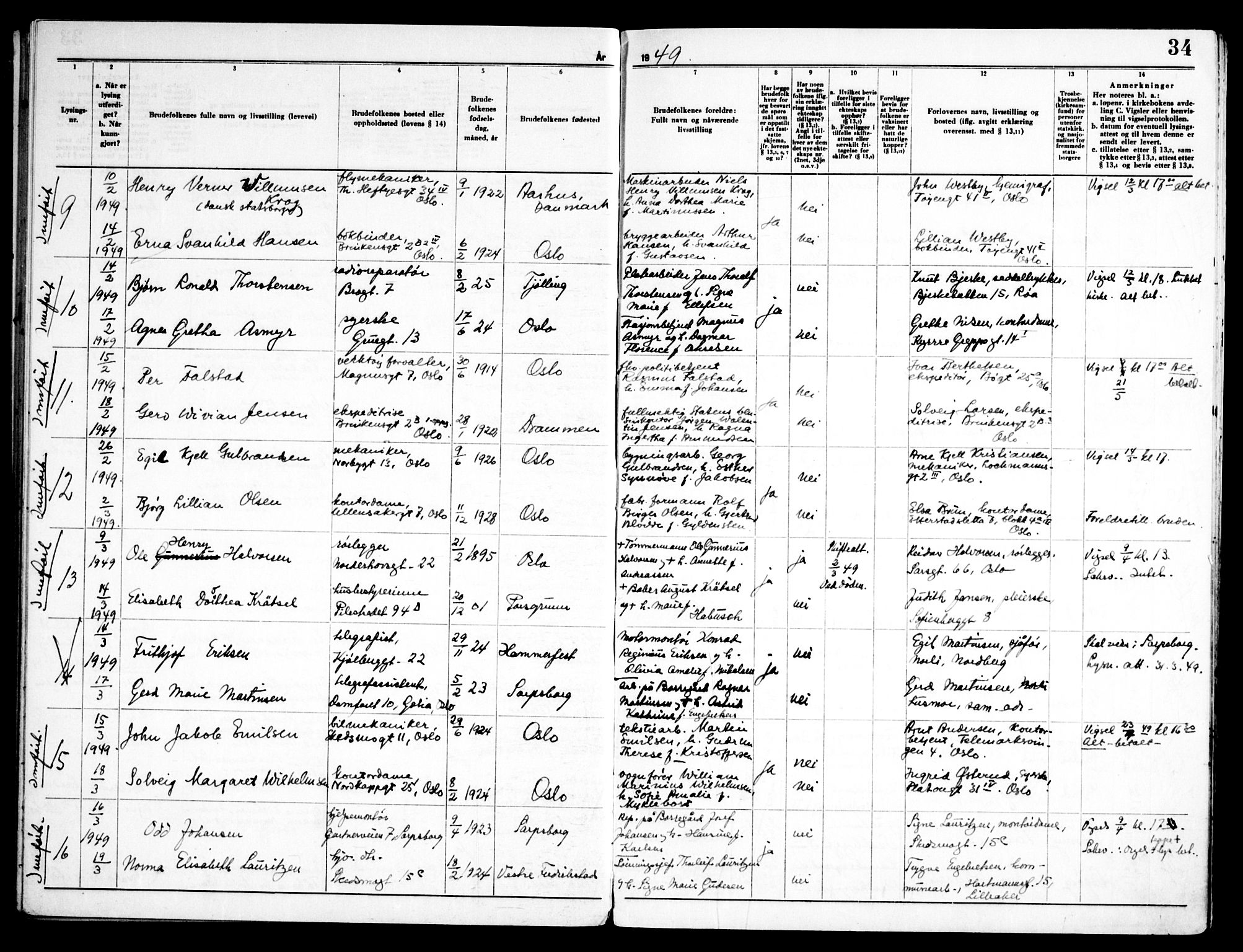 Kampen prestekontor Kirkebøker, AV/SAO-A-10853/H/Ha/L0008: Lysningsprotokoll nr. 8, 1946-1956, s. 34