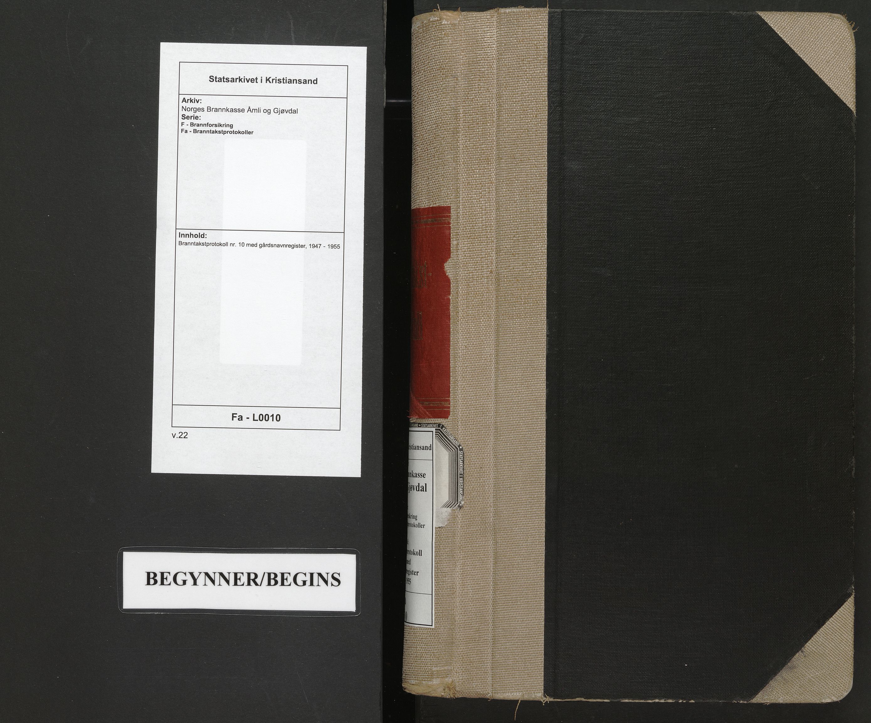 Norges Brannkasse Åmli og Gjøvdal, SAK/2241-0061/F/Fa/L0010: Branntakstprotokoll nr. 10 med gårdsnavnregister, 1947-1955