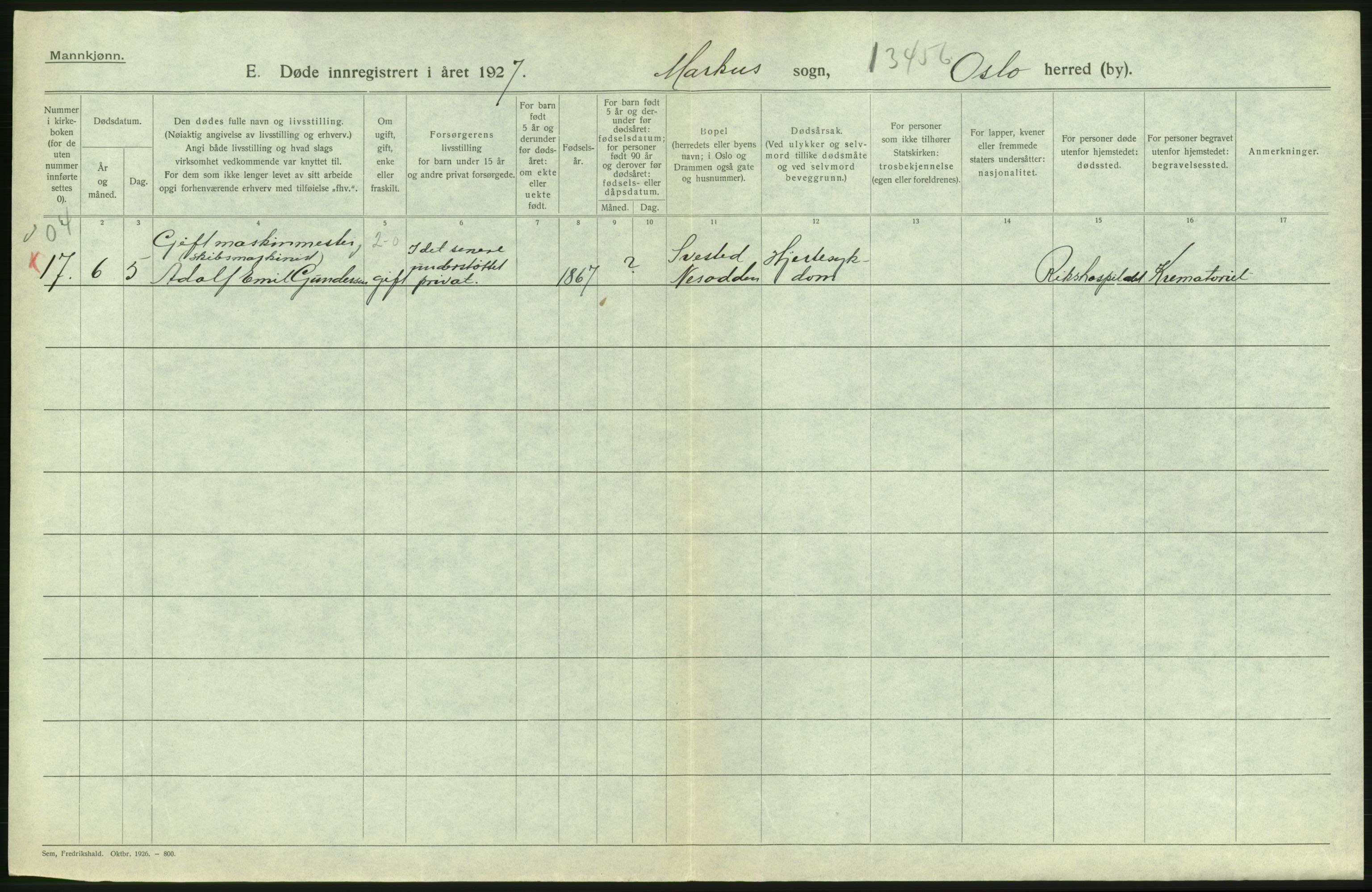 Statistisk sentralbyrå, Sosiodemografiske emner, Befolkning, AV/RA-S-2228/D/Df/Dfc/Dfcg/L0009: Oslo: Døde menn, 1927, s. 224