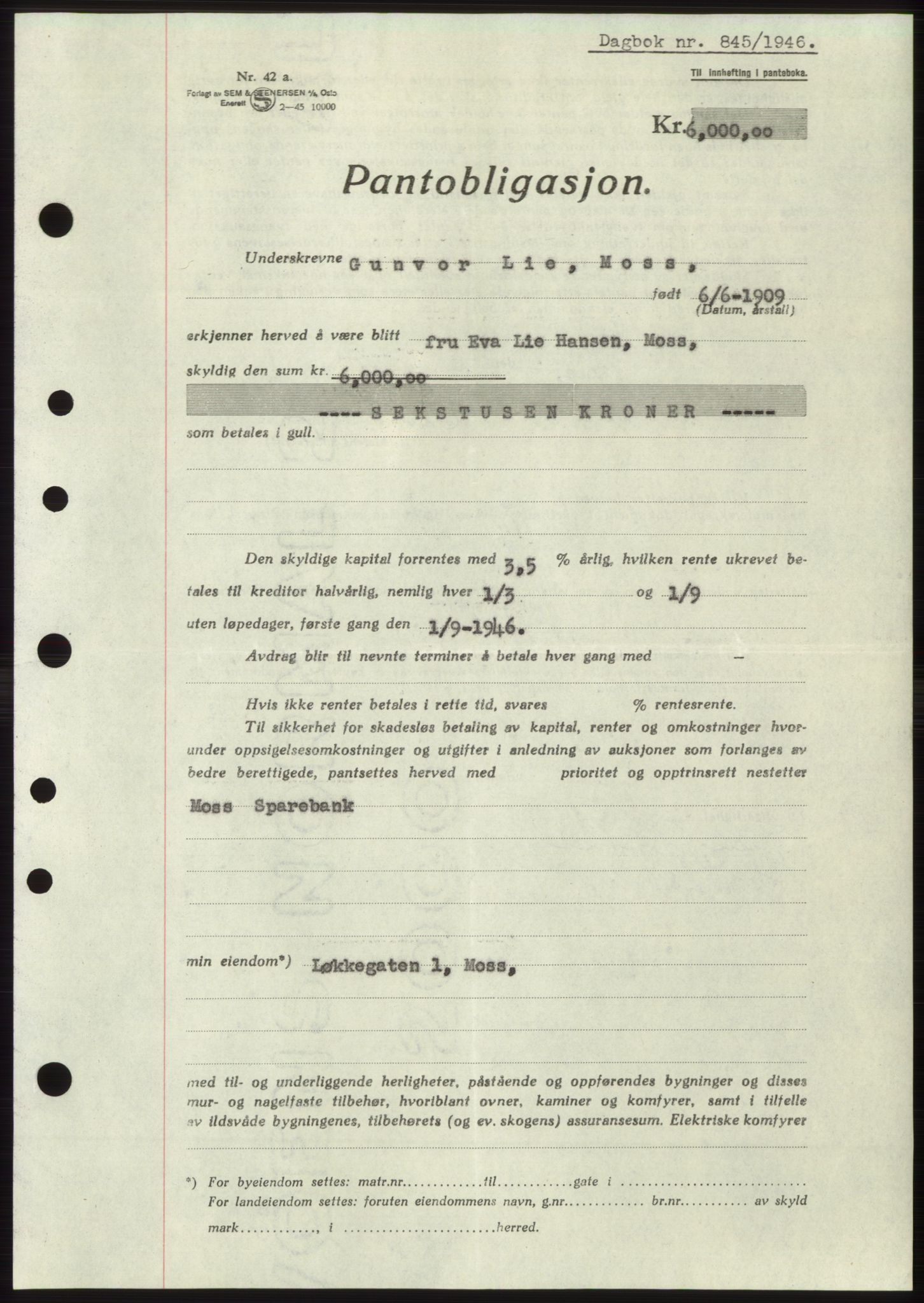 Moss sorenskriveri, SAO/A-10168: Pantebok nr. B15, 1946-1946, Dagboknr: 845/1946