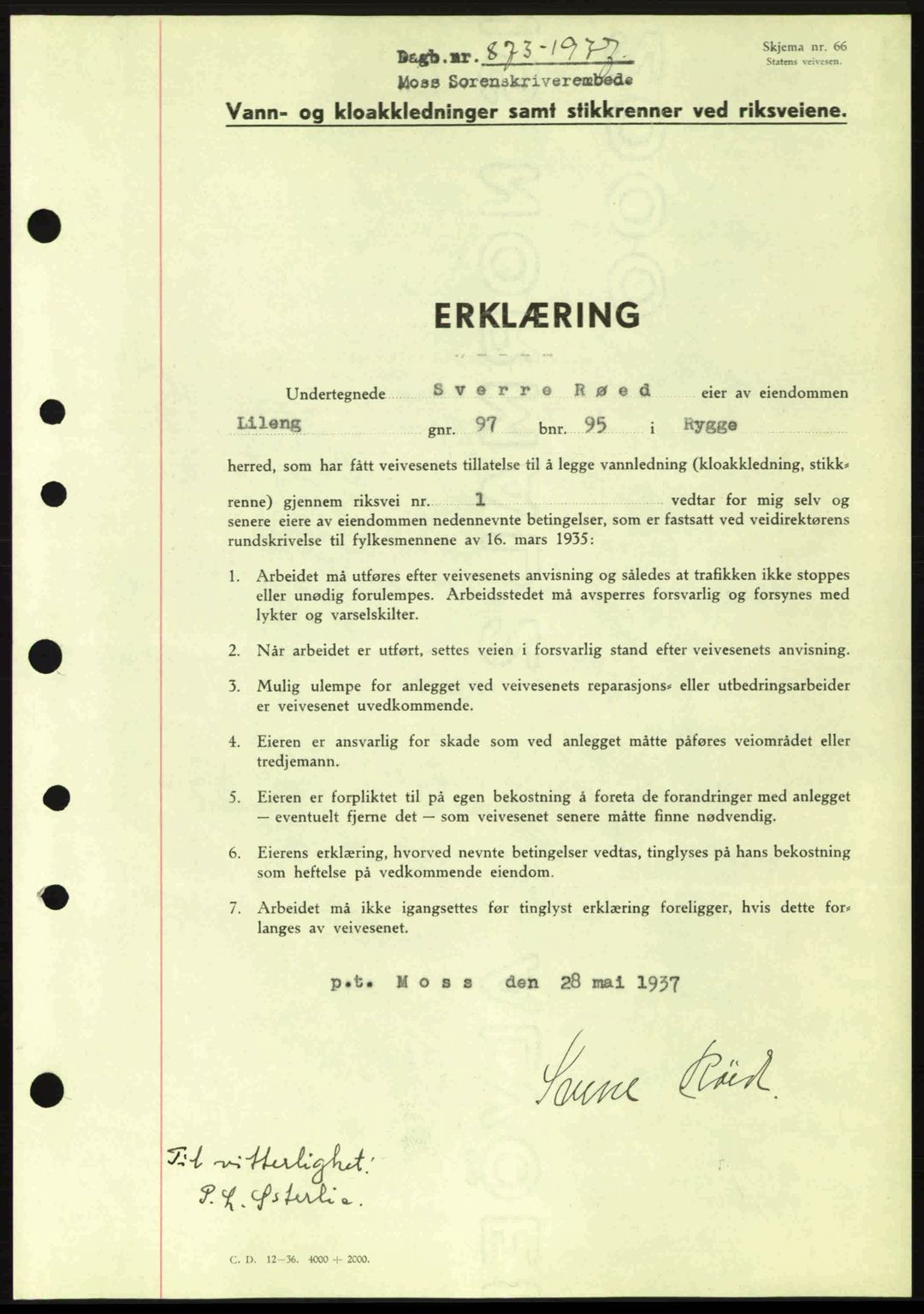 Moss sorenskriveri, SAO/A-10168: Pantebok nr. B3, 1937-1937, Dagboknr: 873/1937