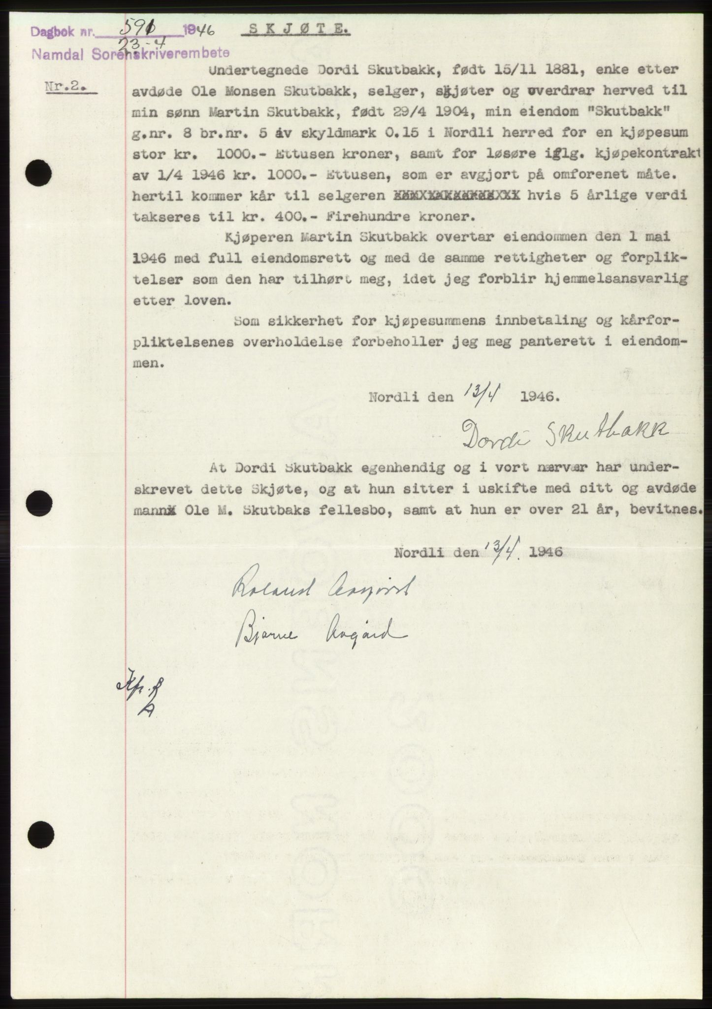 Namdal sorenskriveri, SAT/A-4133/1/2/2C: Pantebok nr. -, 1946-1946, Dagboknr: 591/1946