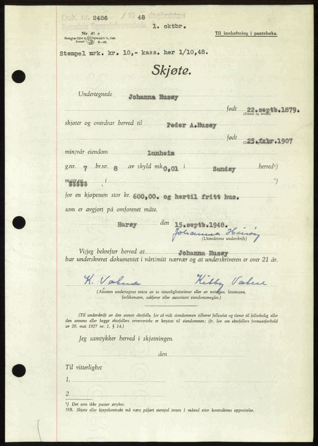 Romsdal sorenskriveri, AV/SAT-A-4149/1/2/2C: Pantebok nr. A27, 1948-1948, Dagboknr: 2486/1948