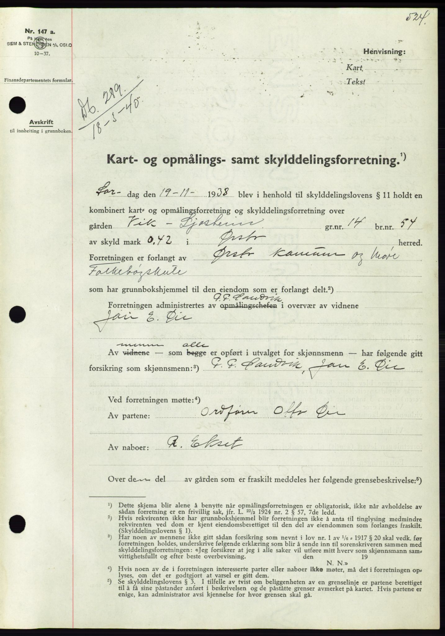 Søre Sunnmøre sorenskriveri, SAT/A-4122/1/2/2C/L0069: Pantebok nr. 63, 1939-1940, Dagboknr: 289/1940