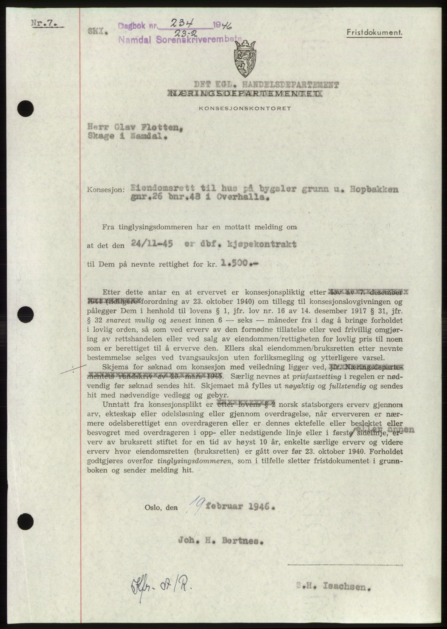 Namdal sorenskriveri, SAT/A-4133/1/2/2C: Pantebok nr. -, 1946-1946, Dagboknr: 234/1946