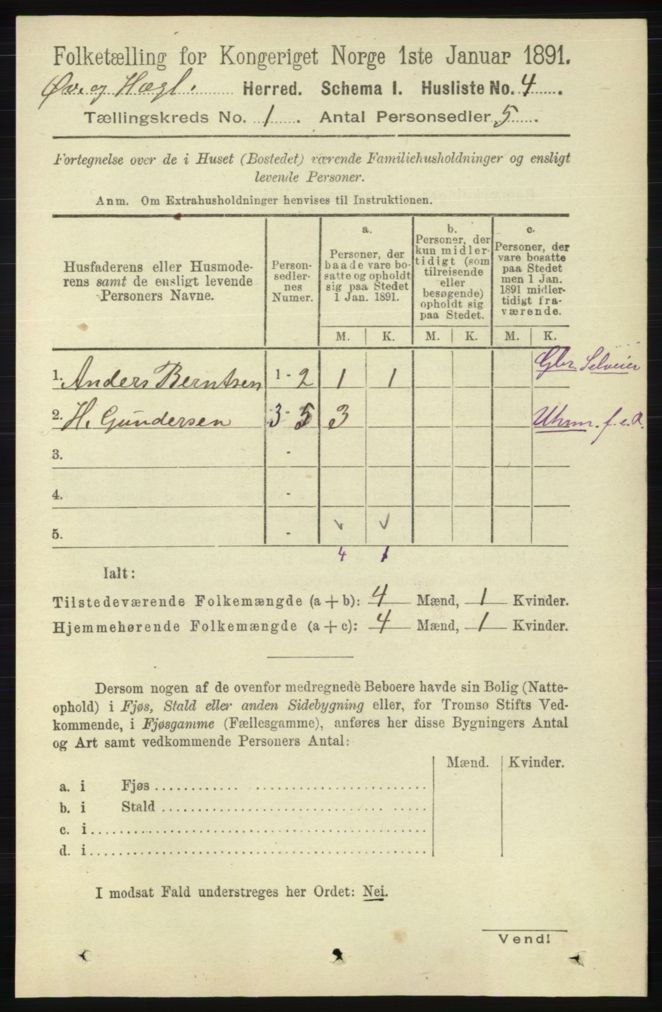 RA, Folketelling 1891 for 1016 Øvrebø og Hægeland herred, 1891, s. 31