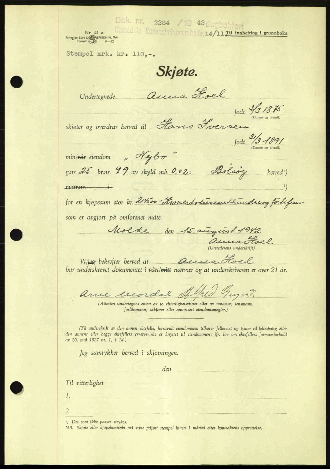 Romsdal sorenskriveri, AV/SAT-A-4149/1/2/2C: Pantebok nr. A13, 1942-1943, Dagboknr: 2284/1942