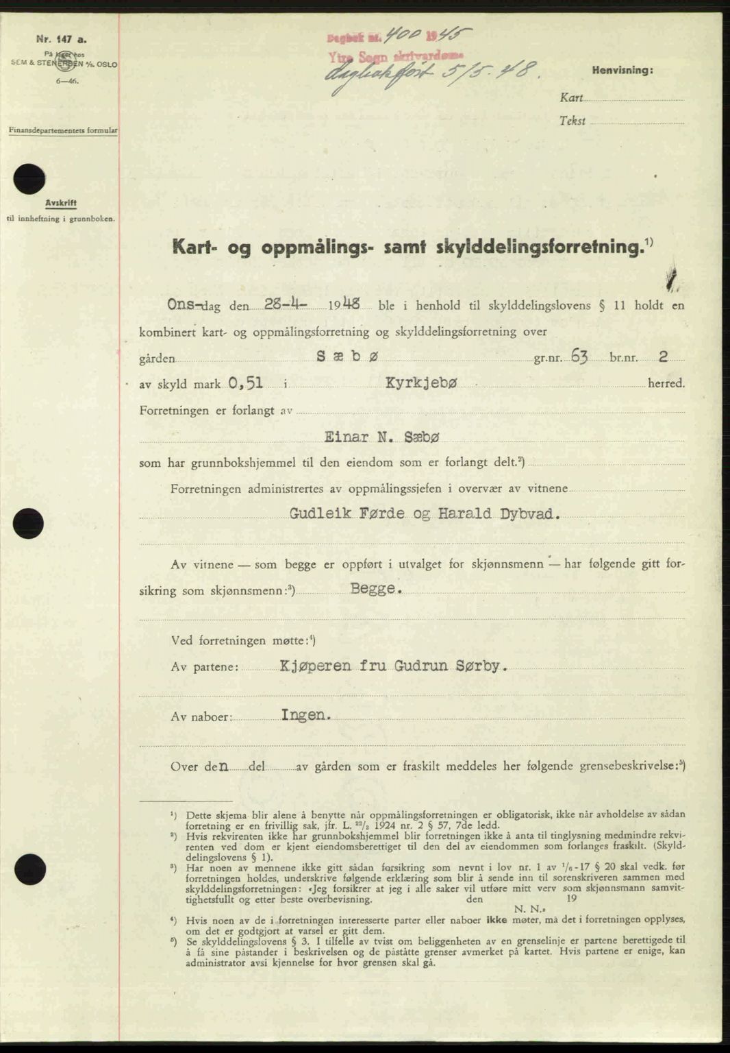 Ytre Sogn tingrett, SAB/A-2601/1/G/Gbb/L0005: Pantebok nr. A3 - A4 (B2), 1947-1948, Dagboknr: 400/1948