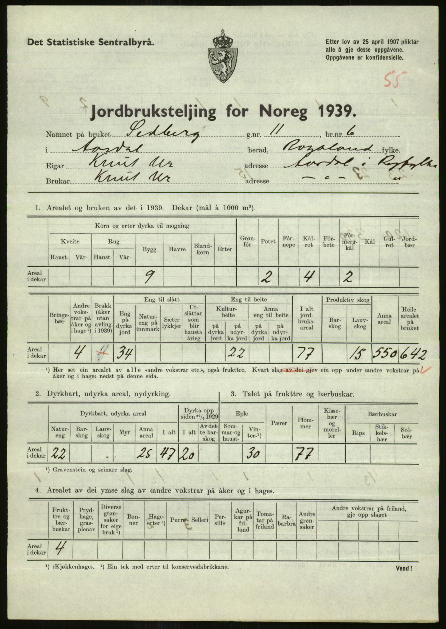 Statistisk sentralbyrå, Næringsøkonomiske emner, Jordbruk, skogbruk, jakt, fiske og fangst, AV/RA-S-2234/G/Gb/L0184: Rogaland: Årdal, Fister og Hjelmeland, 1939, s. 749