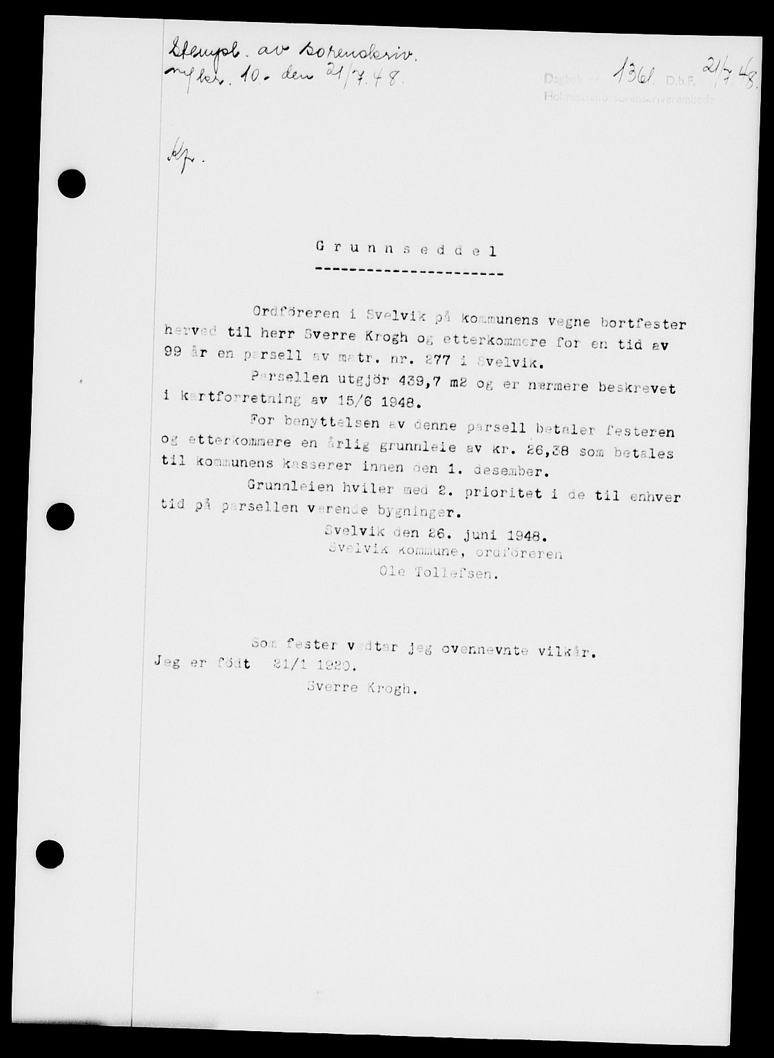 Holmestrand sorenskriveri, SAKO/A-67/G/Ga/Gaa/L0064: Pantebok nr. A-64, 1948-1948, Dagboknr: 1361/1948