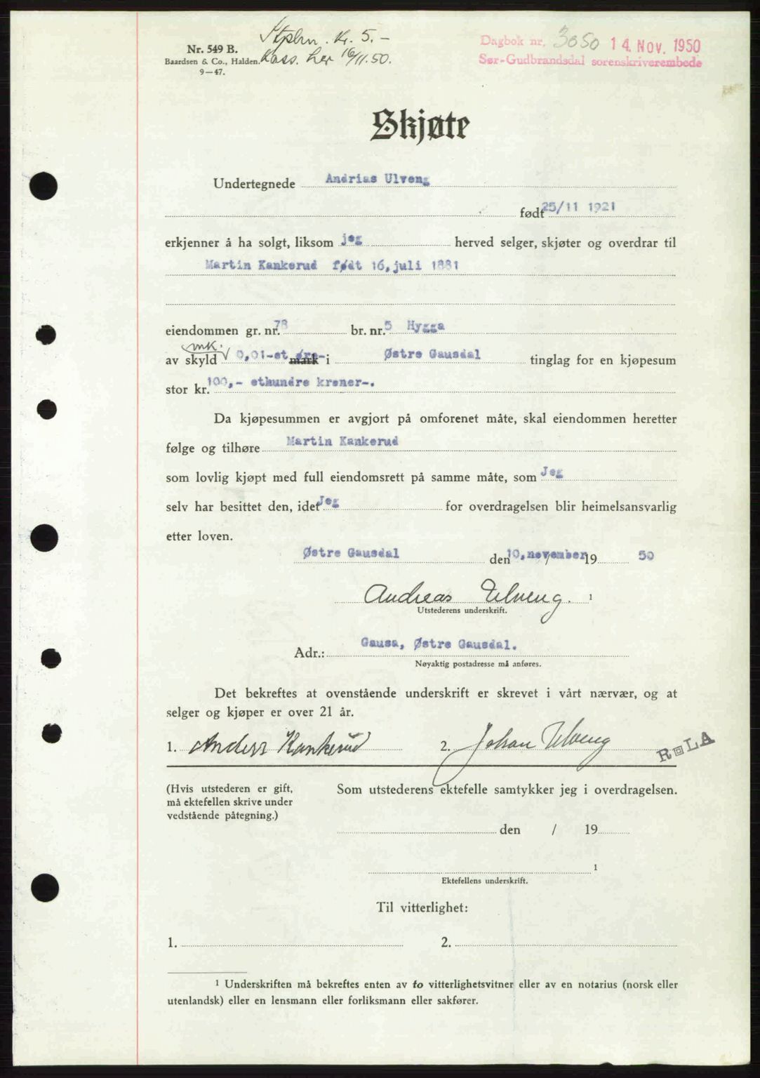 Sør-Gudbrandsdal tingrett, SAH/TING-004/H/Hb/Hbd/L0029: Pantebok nr. A29, 1950-1950, Dagboknr: 3050/1950