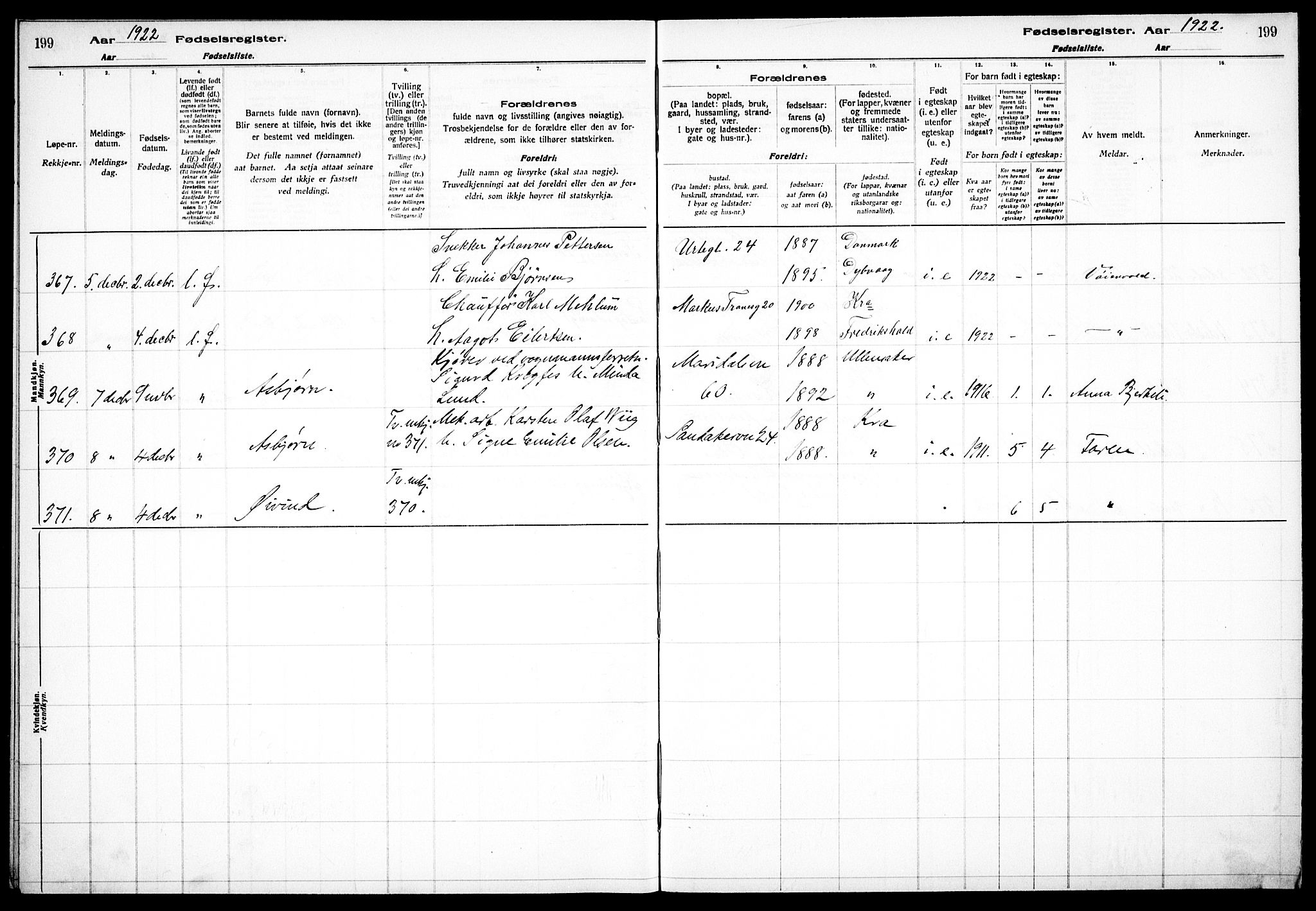 Sagene prestekontor Kirkebøker, AV/SAO-A-10796/J/L0002: Fødselsregister nr. 2, 1920-1922, s. 199