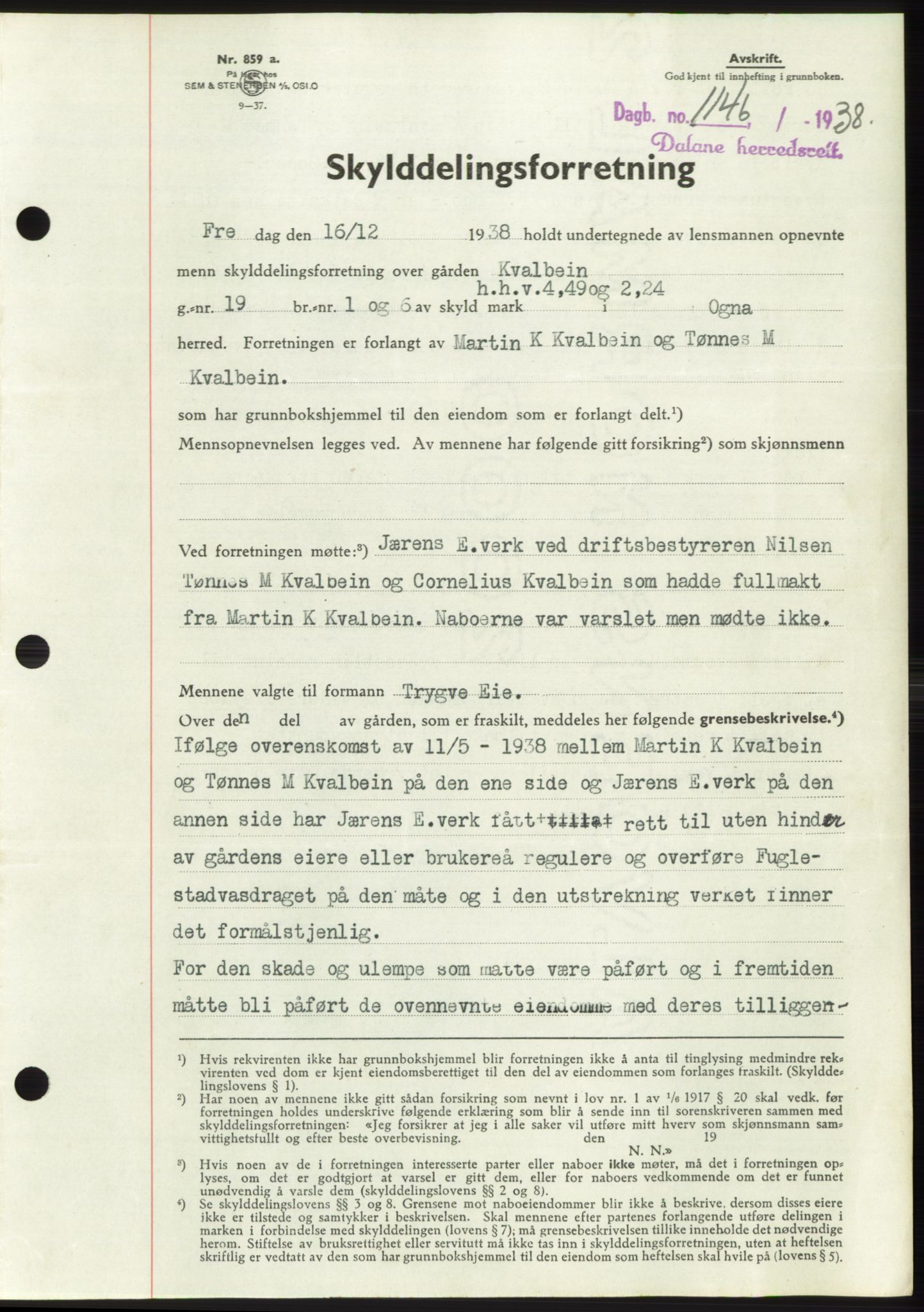 Dalane sorenskriveri, SAST/A-100309/02/G/Gb/L0058: Pantebok, 1926-1950, Tingl.dato: 19.12.1938