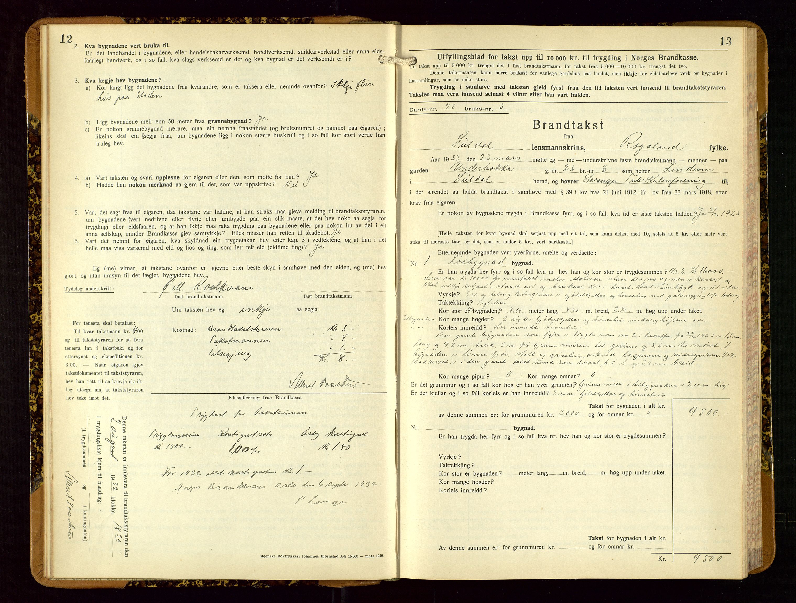 Suldal lensmannskontor, AV/SAST-A-100419/Gob/L0003: Branntakstprotokoll, 1924-1955, s. 12-13