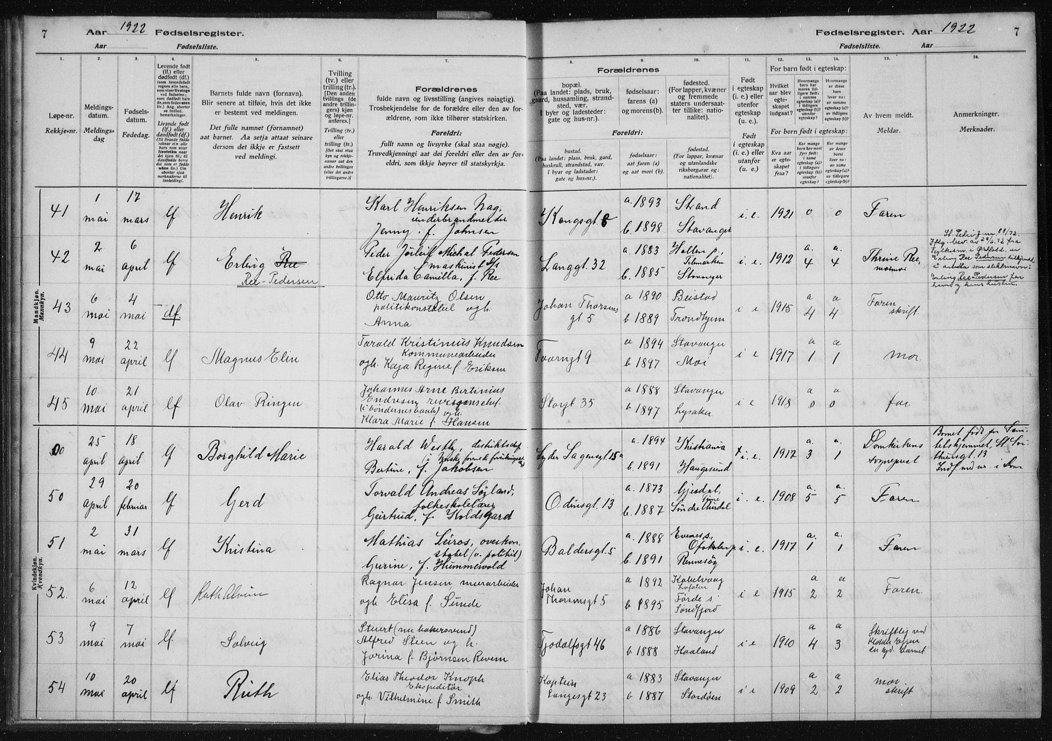 St. Petri sokneprestkontor, AV/SAST-A-101813/002/A/L0002: Fødselsregister nr. 2, 1922-1929, s. 7