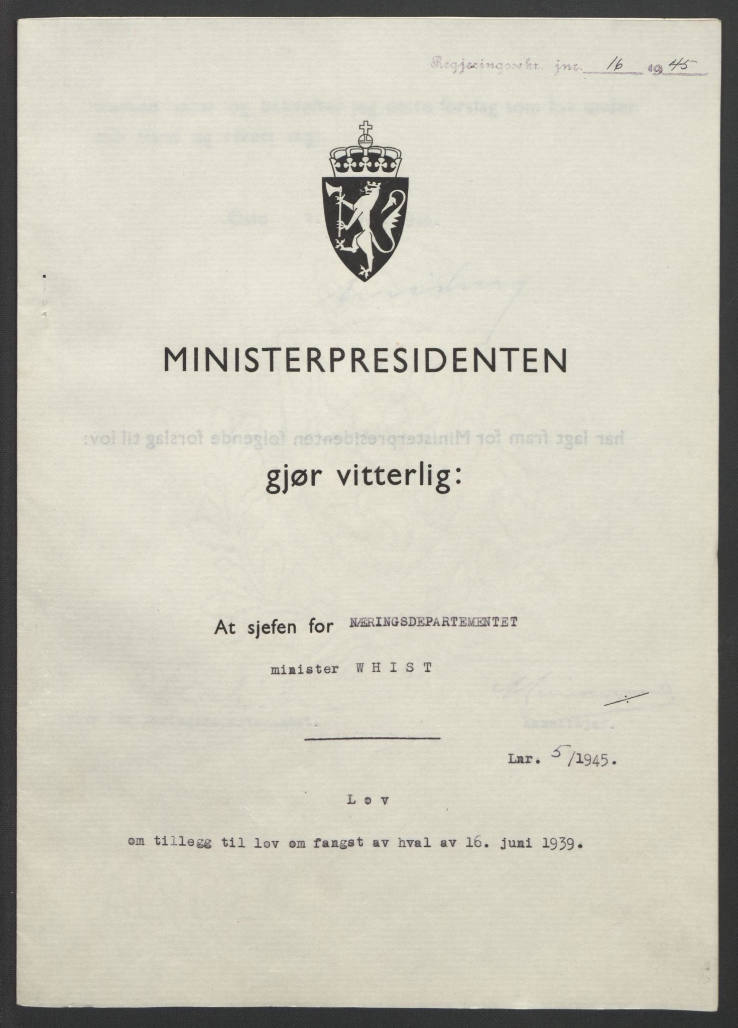 NS-administrasjonen 1940-1945 (Statsrådsekretariatet, de kommisariske statsråder mm), RA/S-4279/D/Db/L0101/0001: -- / Lover og vedtak, 1945, s. 19
