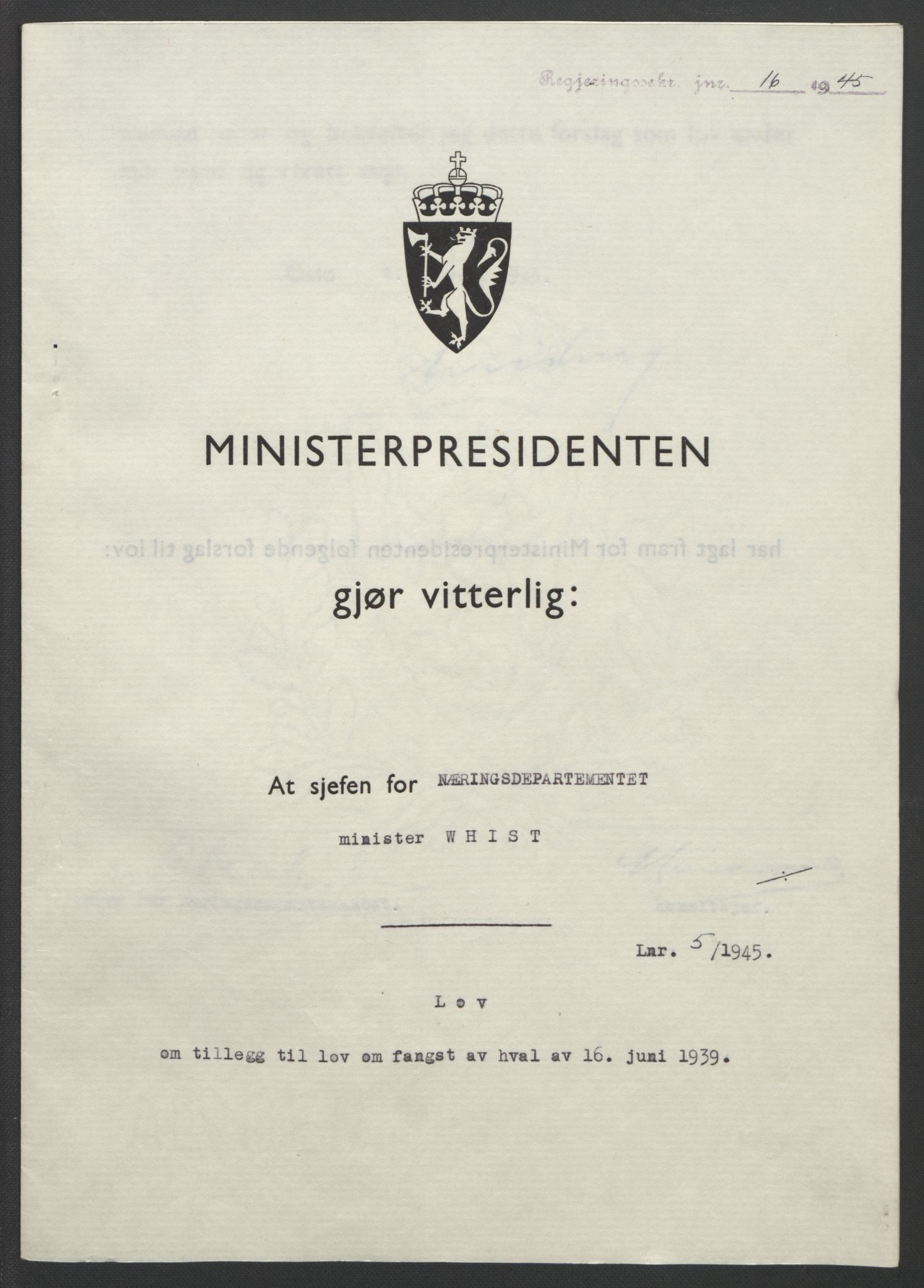 NS-administrasjonen 1940-1945 (Statsrådsekretariatet, de kommisariske statsråder mm), AV/RA-S-4279/D/Db/L0101/0001: -- / Lover og vedtak, 1945, s. 19