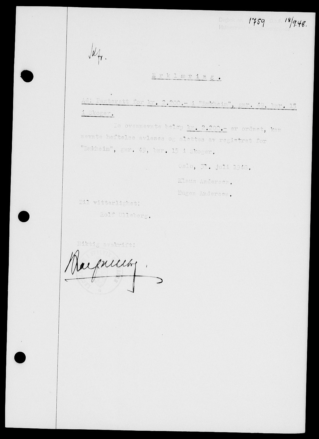 Holmestrand sorenskriveri, SAKO/A-67/G/Ga/Gaa/L0064: Pantebok nr. A-64, 1948-1948, Dagboknr: 1759/1948
